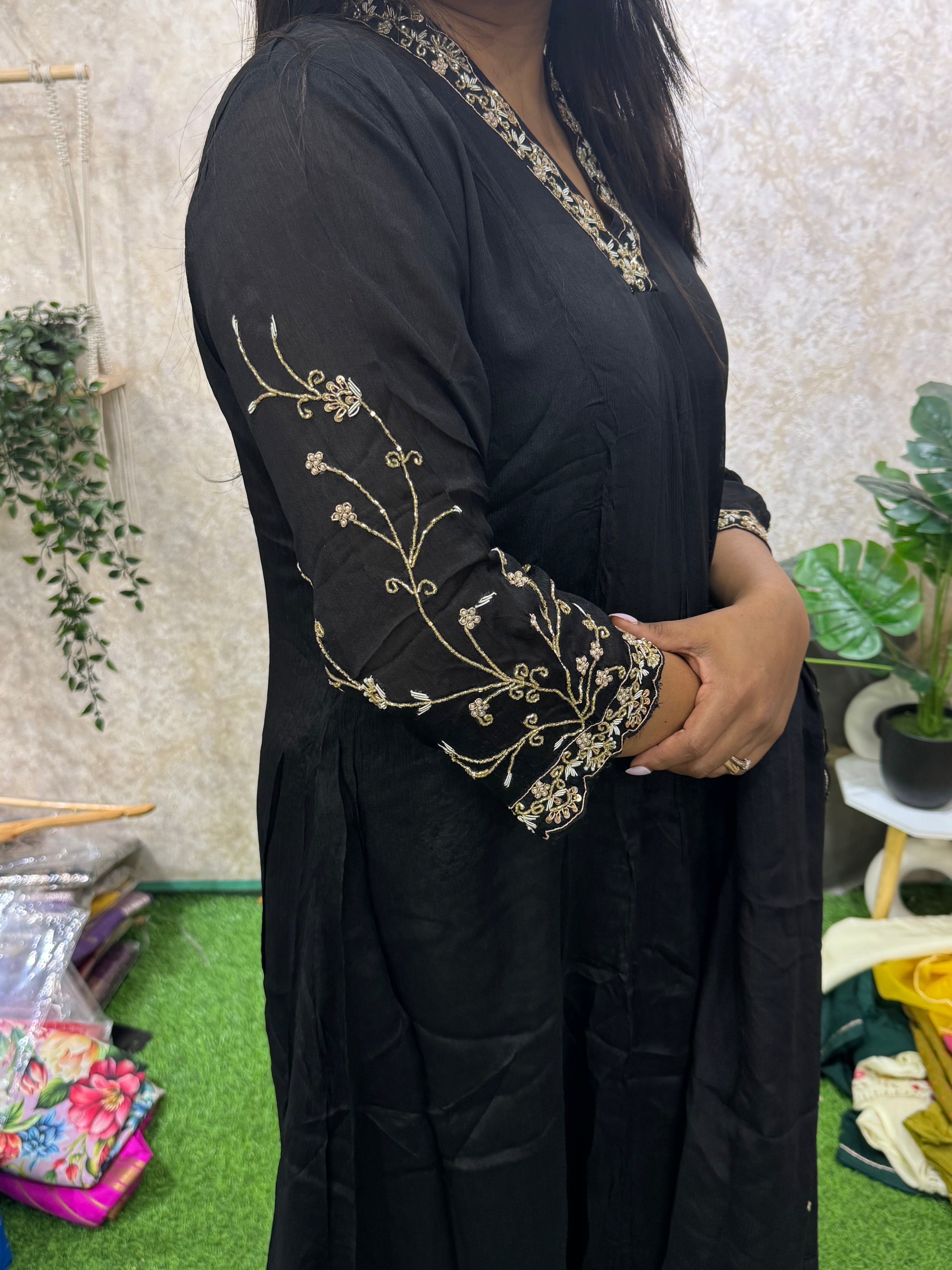Black chinnon 11 Airline  handwork Kurtha