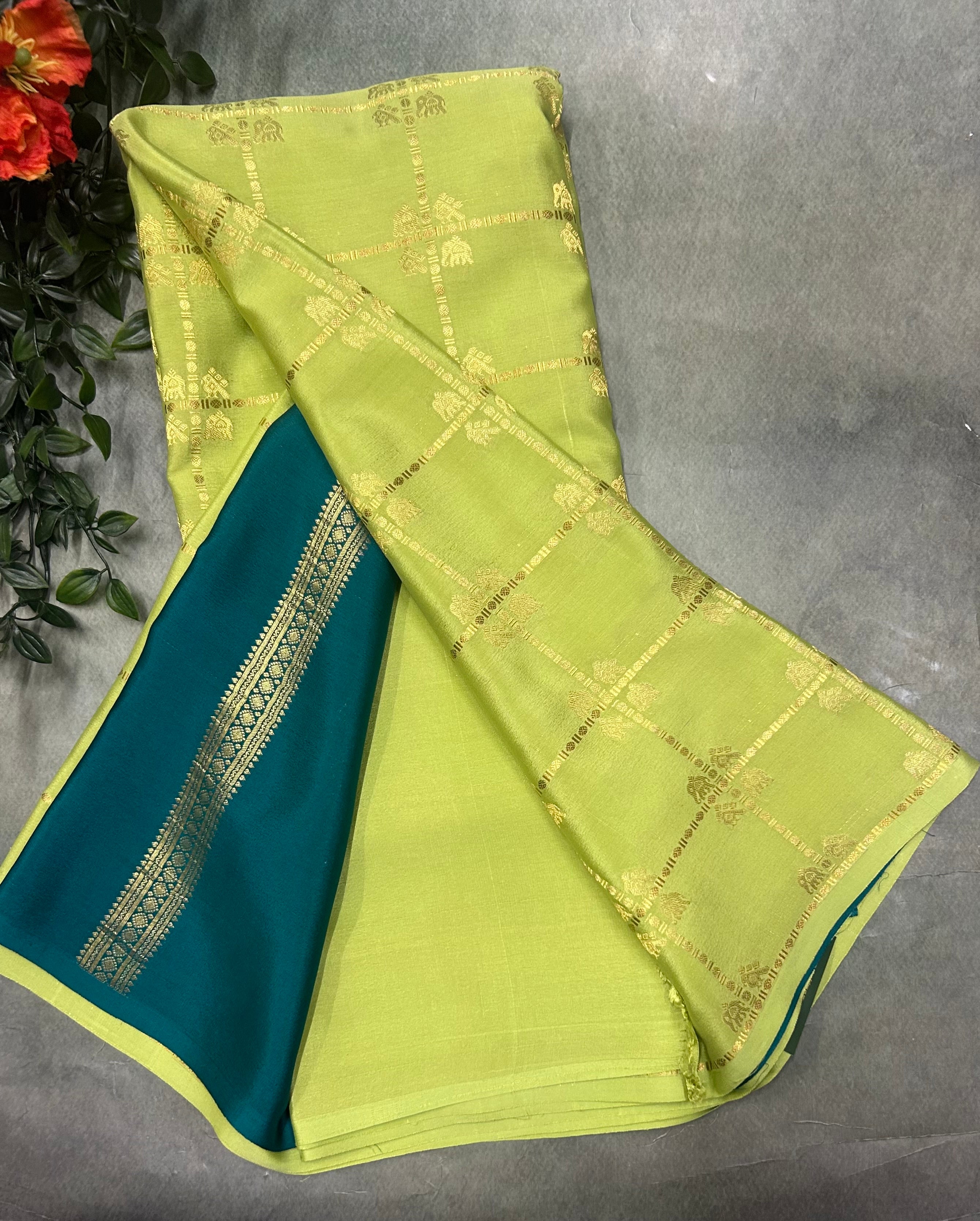 Pista green contrast ST checks borderless pure mysore silk-105 saree