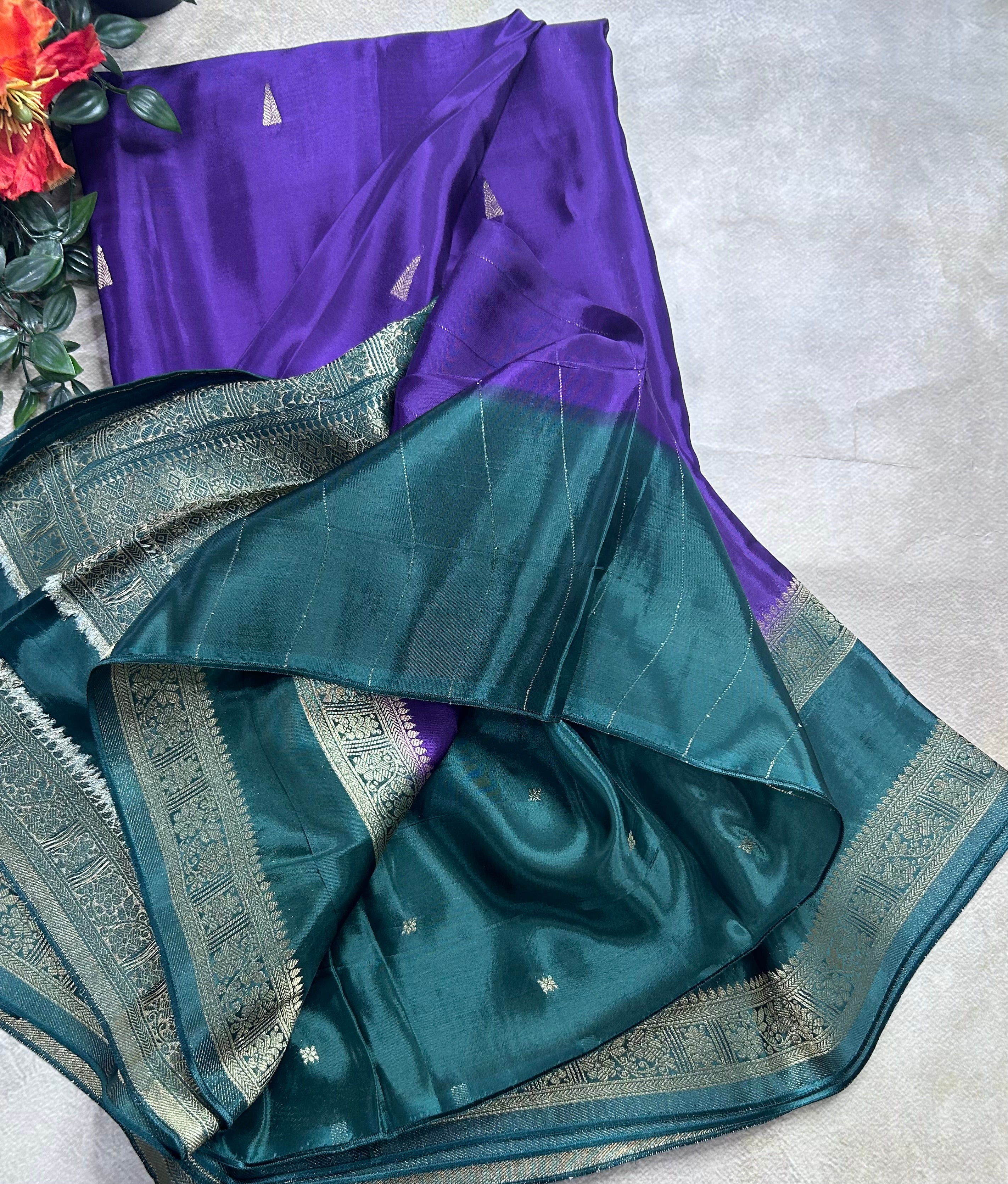 Purple  contrast bentex border semi Mysore crepe 106 saree