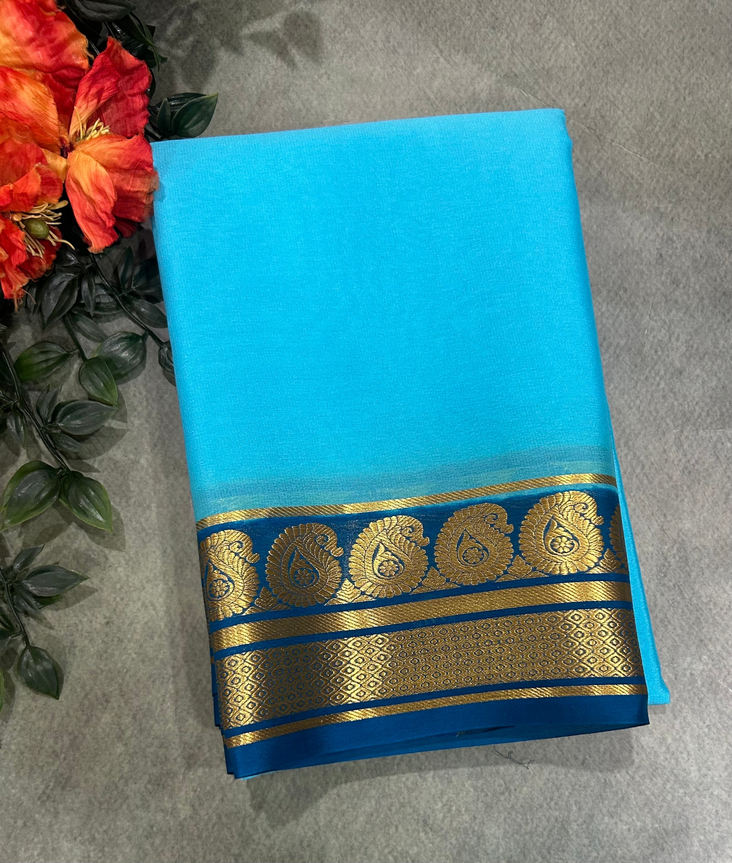 Sky blue pure Mysore crepe silk saree