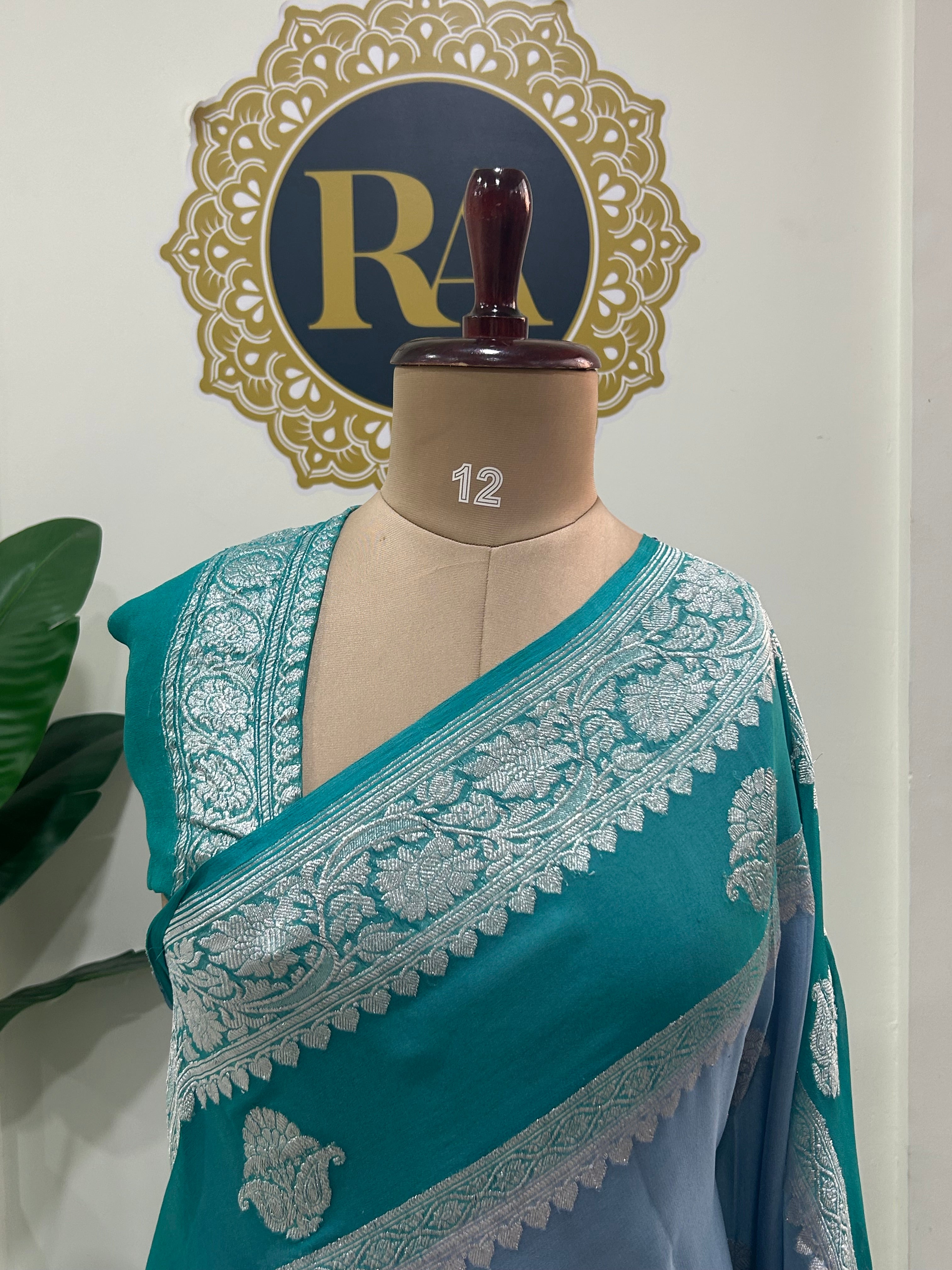 Grey n Rama green benarasi double border pure chiffon saree