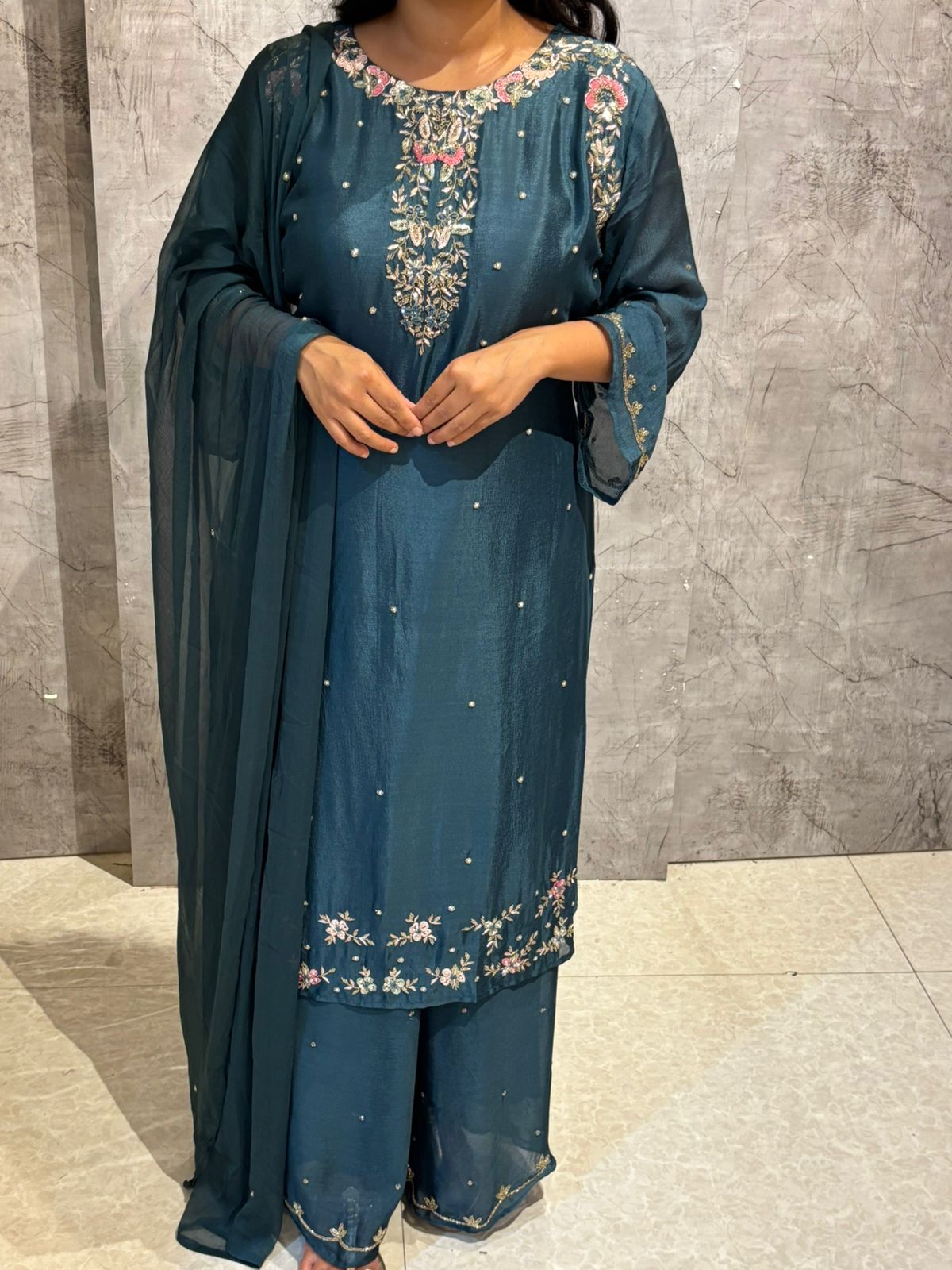 "Boomi" Steal Blue Designer Hand Embroidery Sharara party Kurtha set