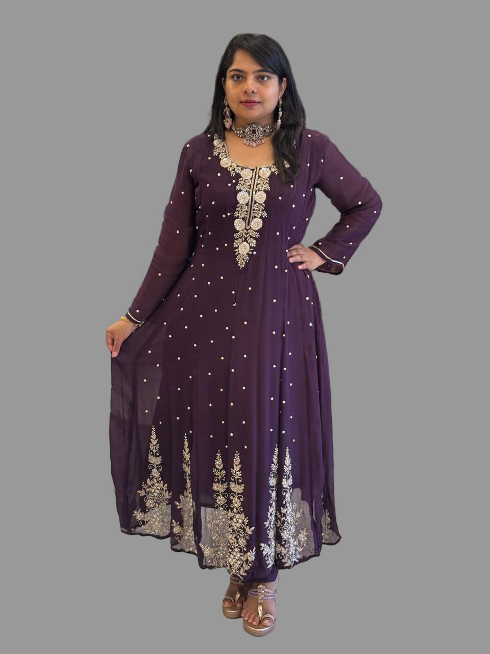 Dark Purple Anarkali Chinnon Hand Embroidery Kurtha 567