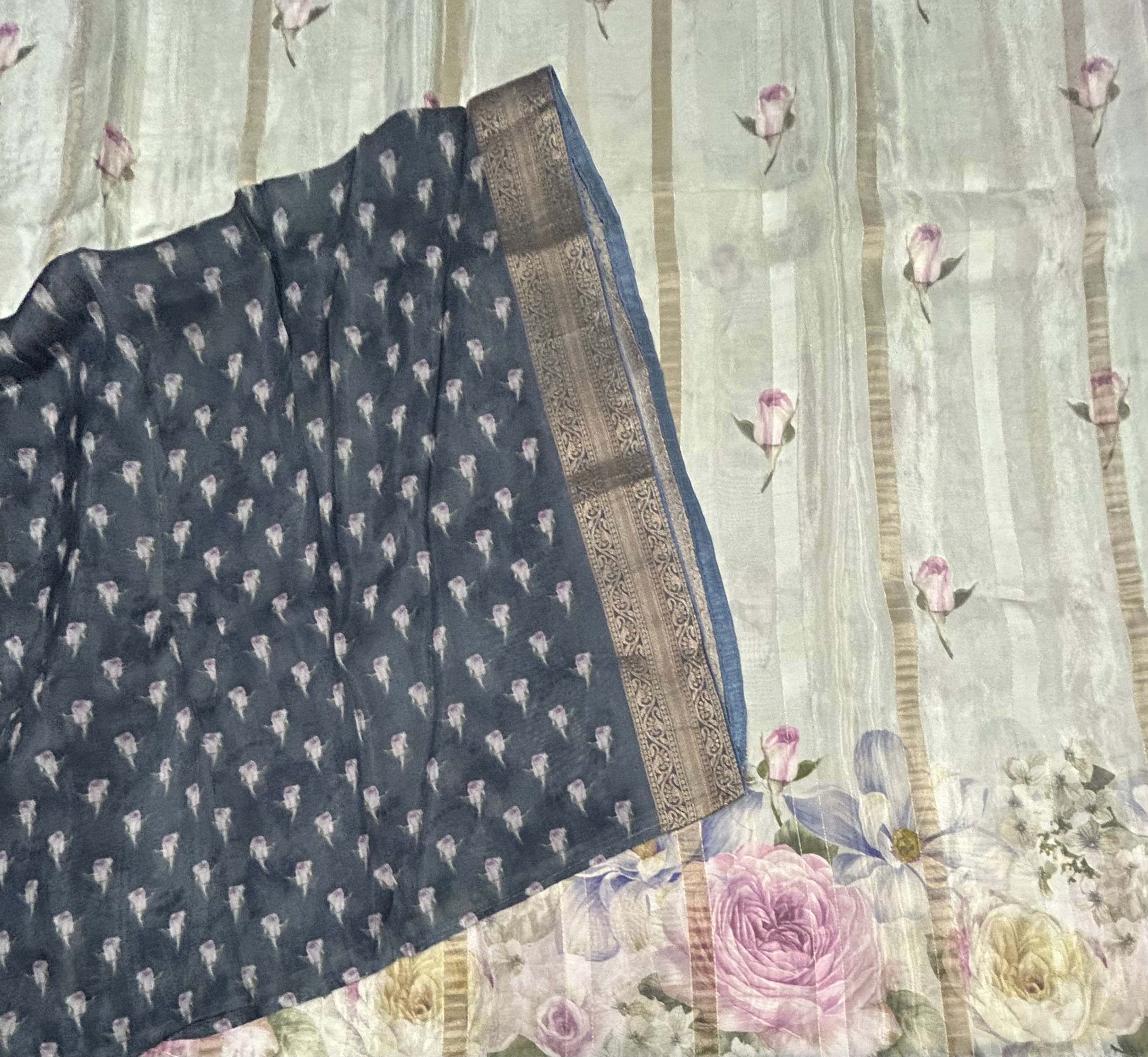 Cream digital print chinnon saree