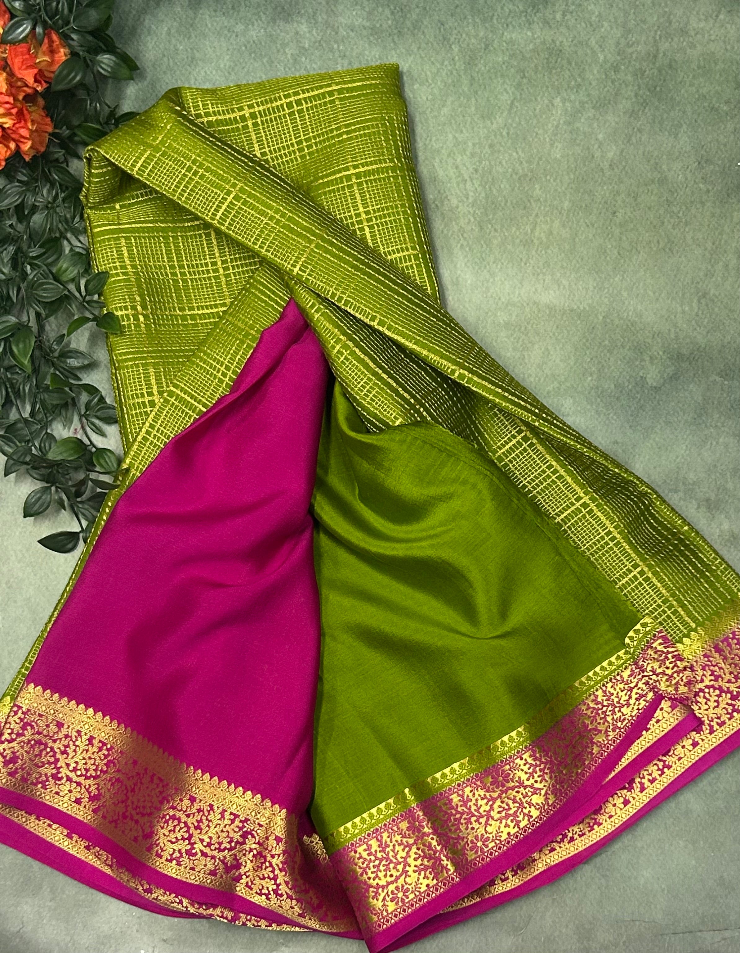 Mehendi green n pink checks brocade Pure Mysore silk crepe 103 Saree