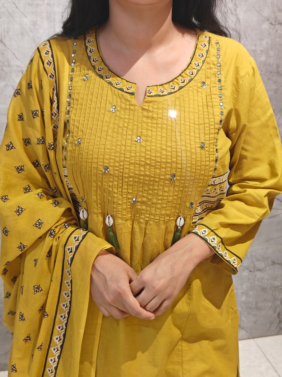 Musturd Yellow Cotton Embroidery Straight Fit Kurtha 606