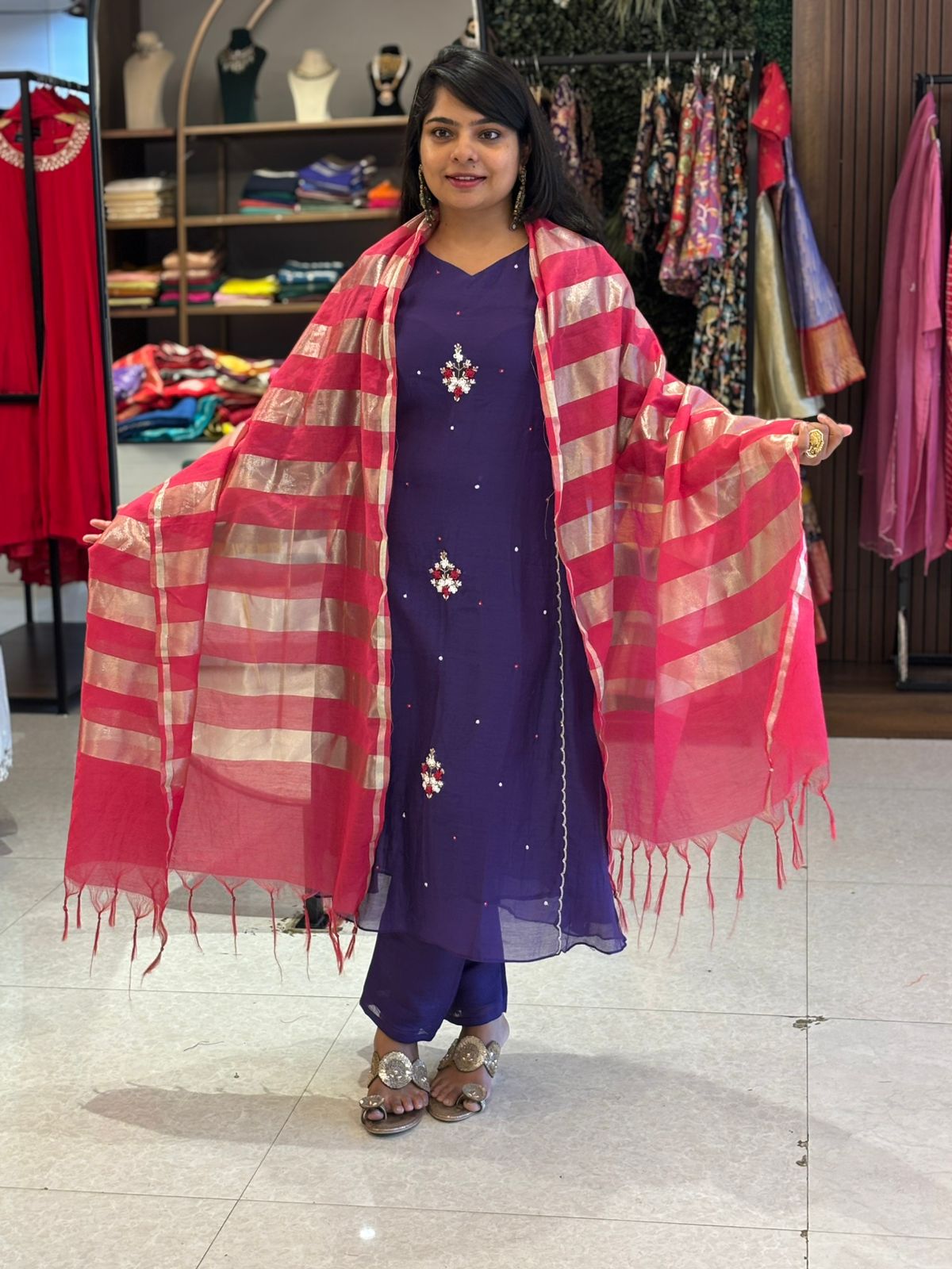 “Pani" Purple Mul Chanderi Silk Kurtha 101 With Handwork Embroidery