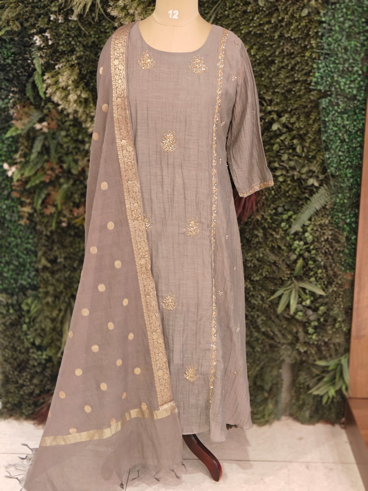 Gray Mul Chanderi Hand Embroidery Airline Kurtha 392