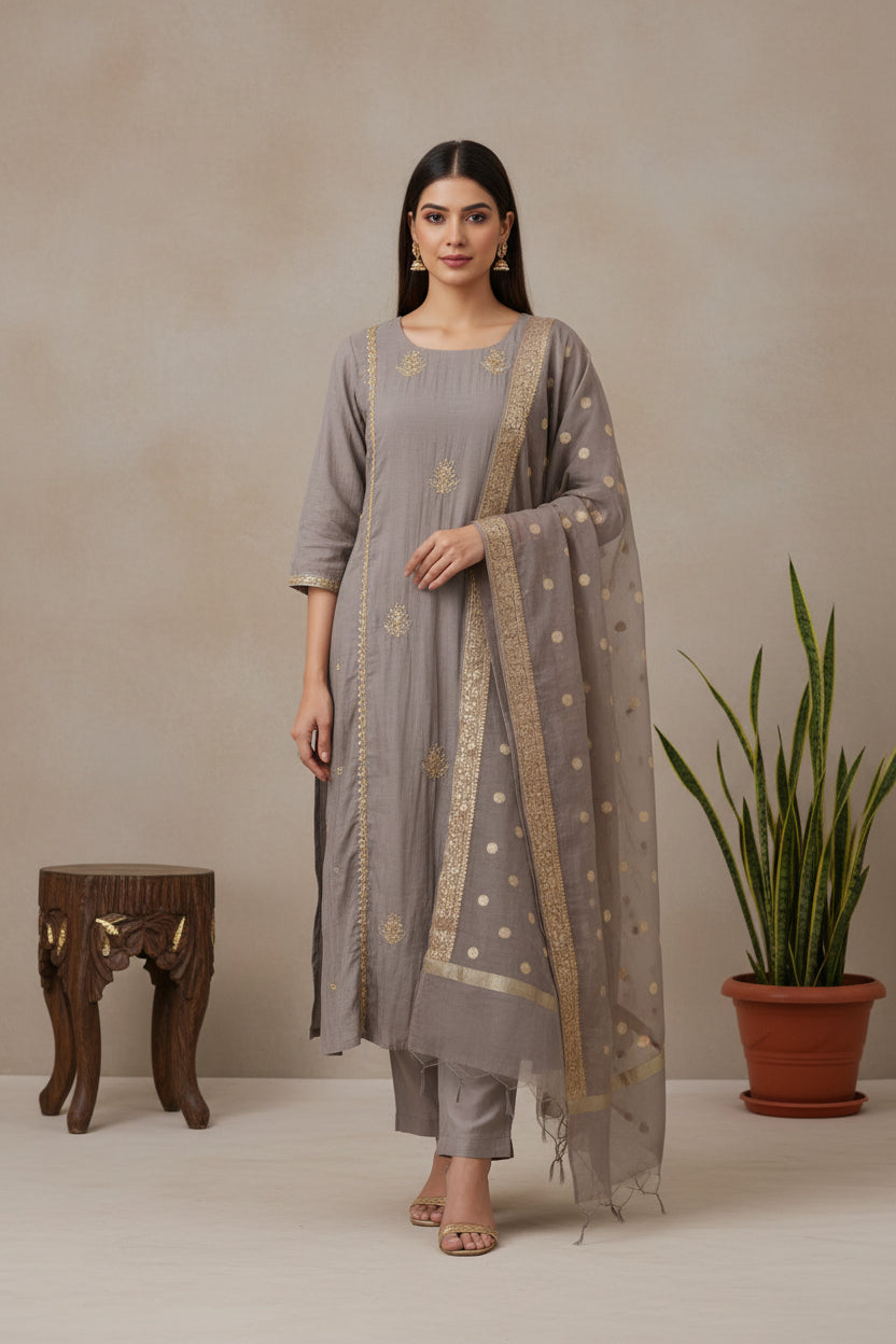 Gray Mul Chanderi Hand Embroidery Airline Kurtha 392