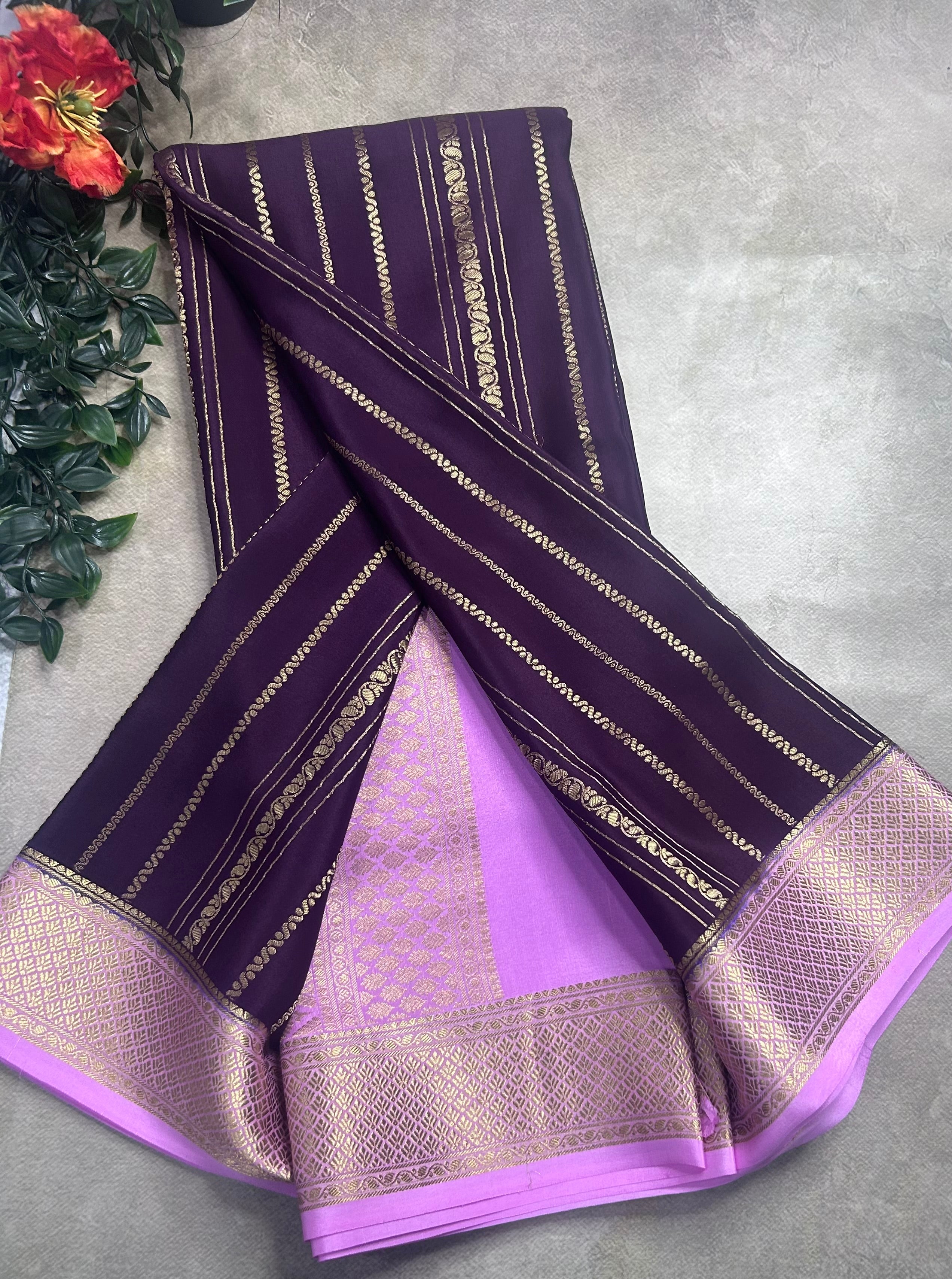 Wine stripes pure mysore crepe silk saree (SMS106)