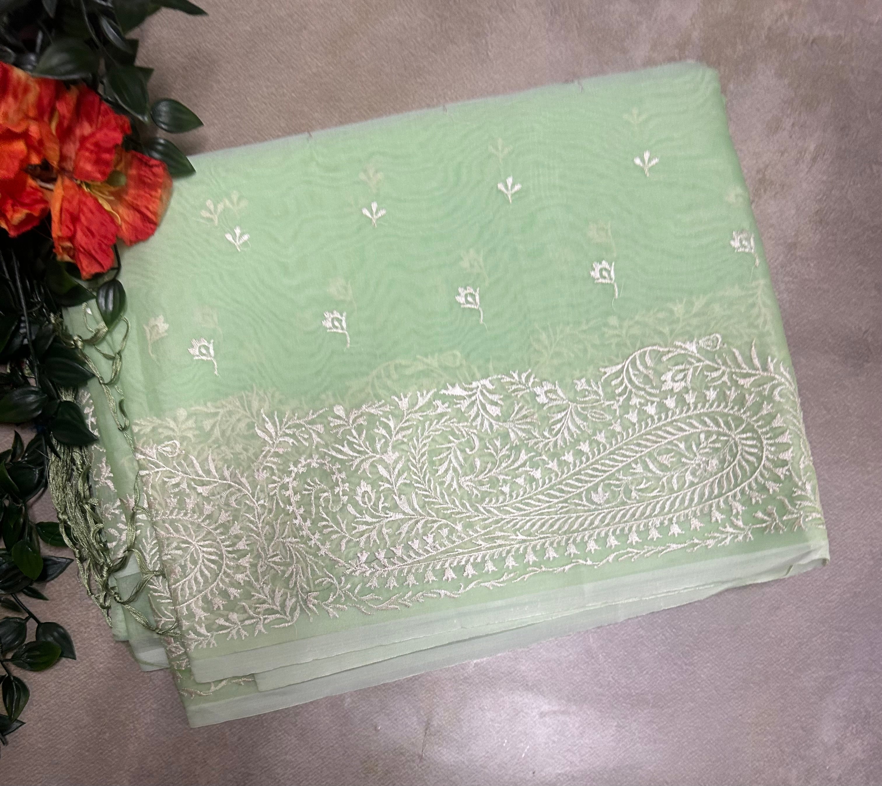 Pastel green embroidery, Semi organza Saree