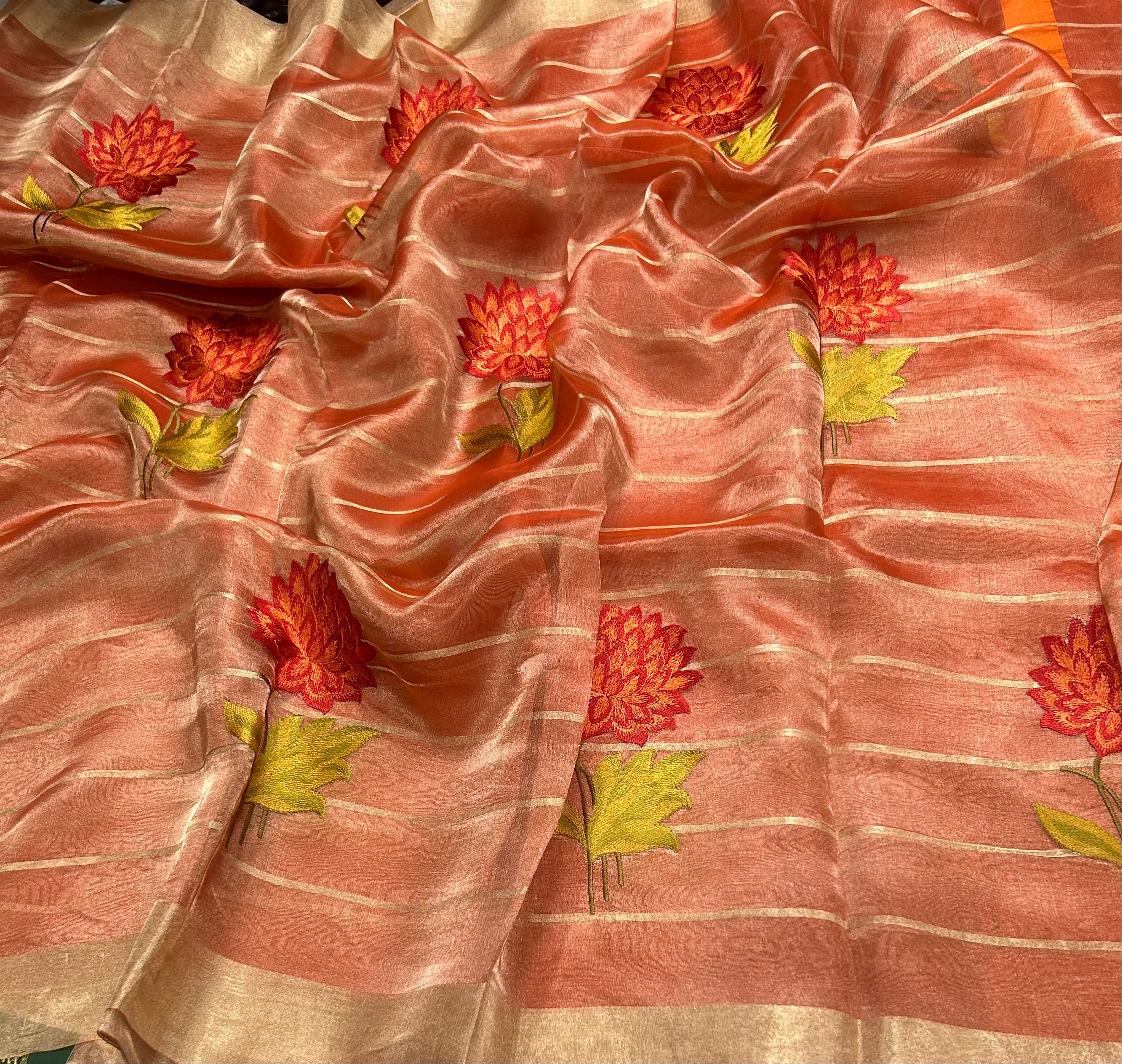 Red floral embroidery work pure tissue organza 105 saree
