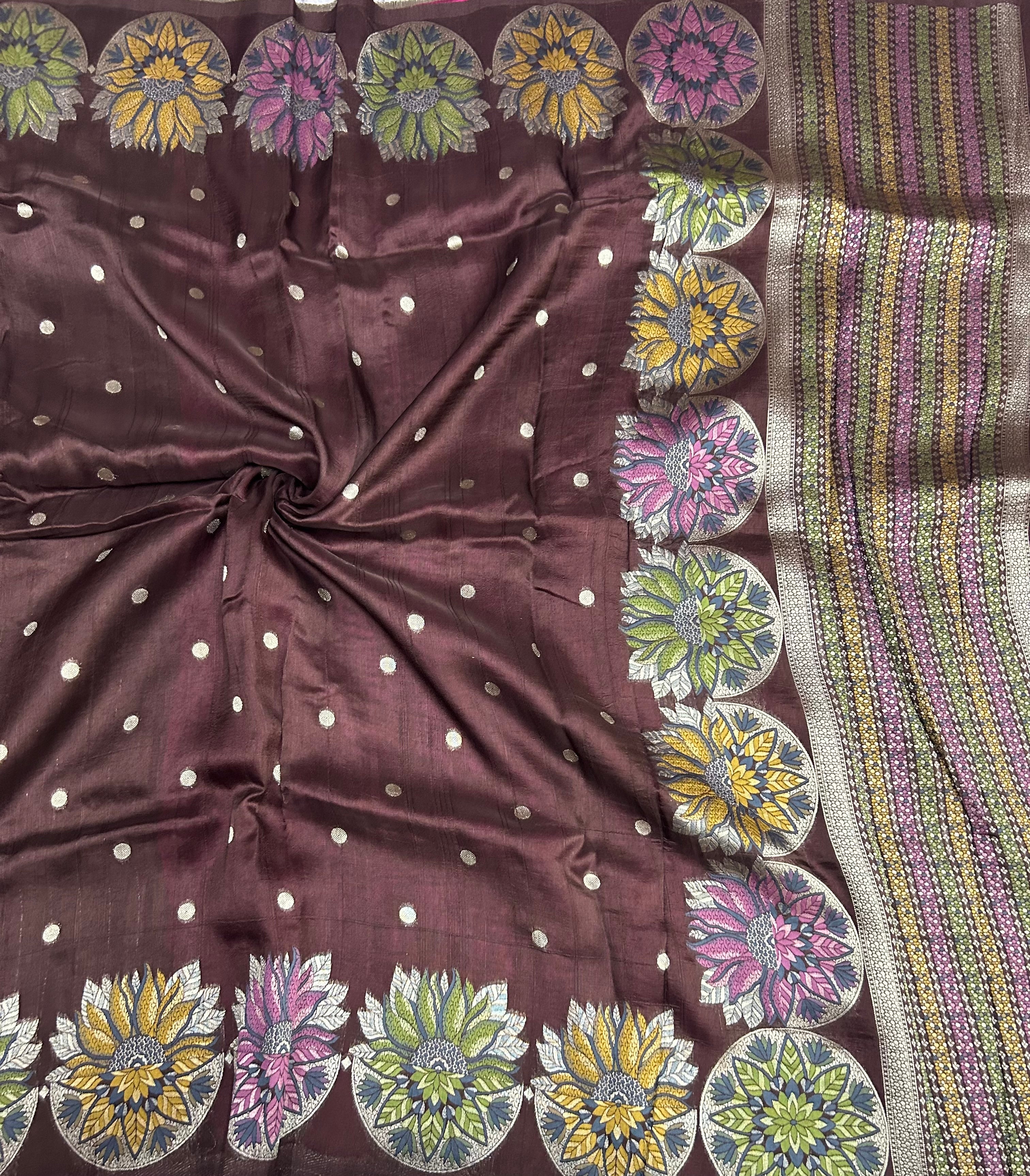 Dark brown Meena Butta  Semi Tussar saree