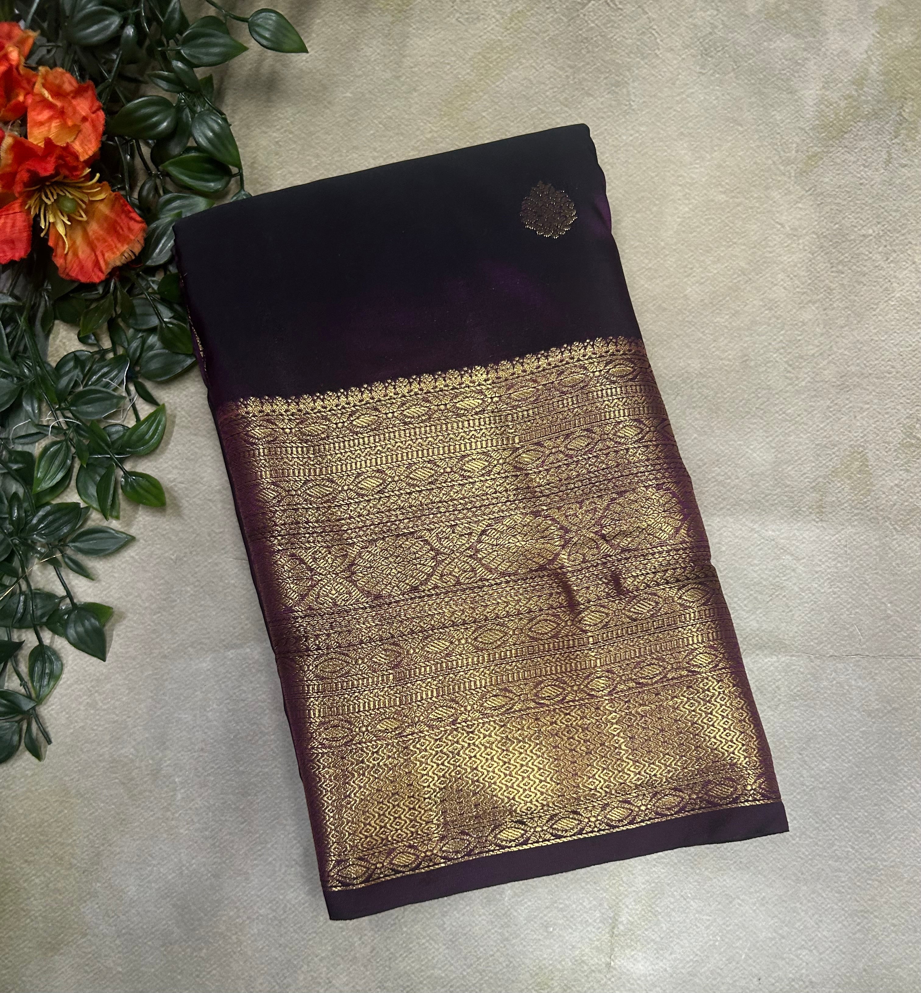 Dark purple long border semi Kanchi-105 saree