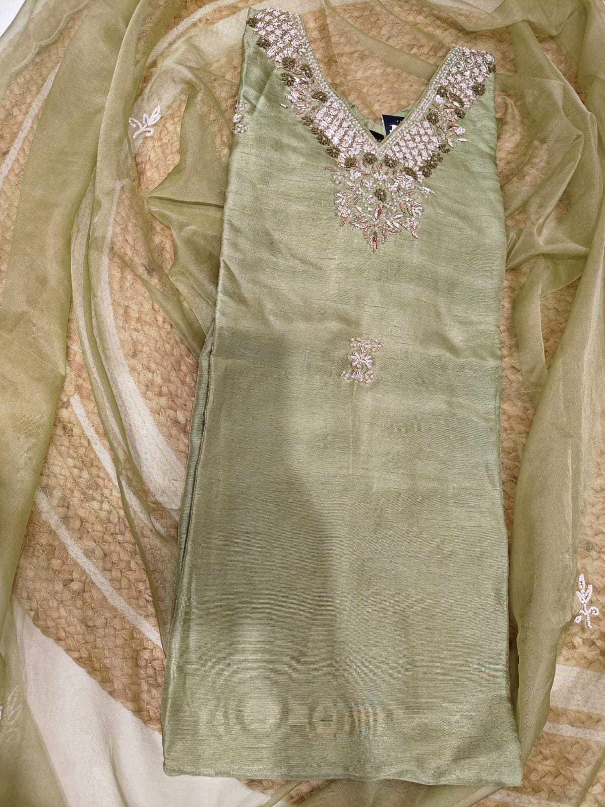 Pista Green Dola silk Pastel Kurtha with Pearl handwork embroidery work 511