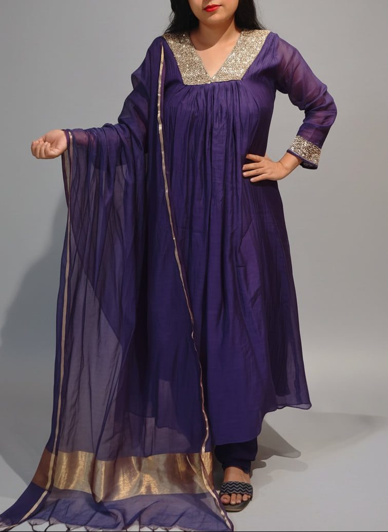 Purple Mul Chanderi Hand Embroidery Airline Kurtha 324