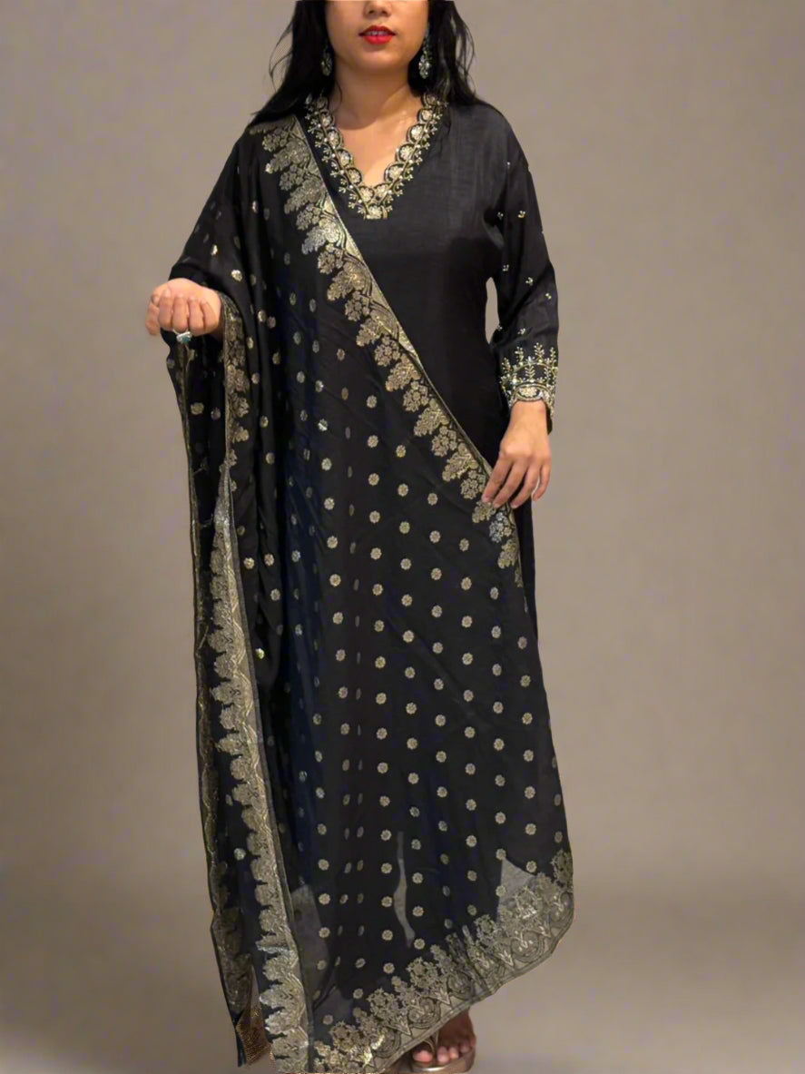 Black Dola Silk Kurtha 66 Hand Embroidery  with Banarasi Dupatta