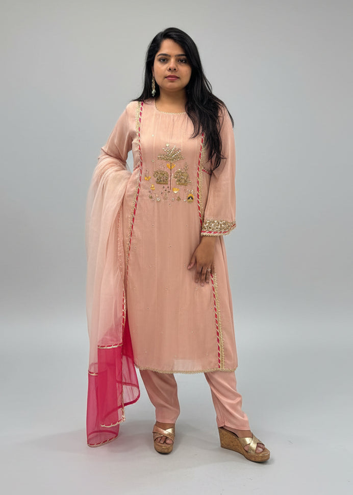 Baby Pink Shimmer Hand Embroidery Kurtha 151