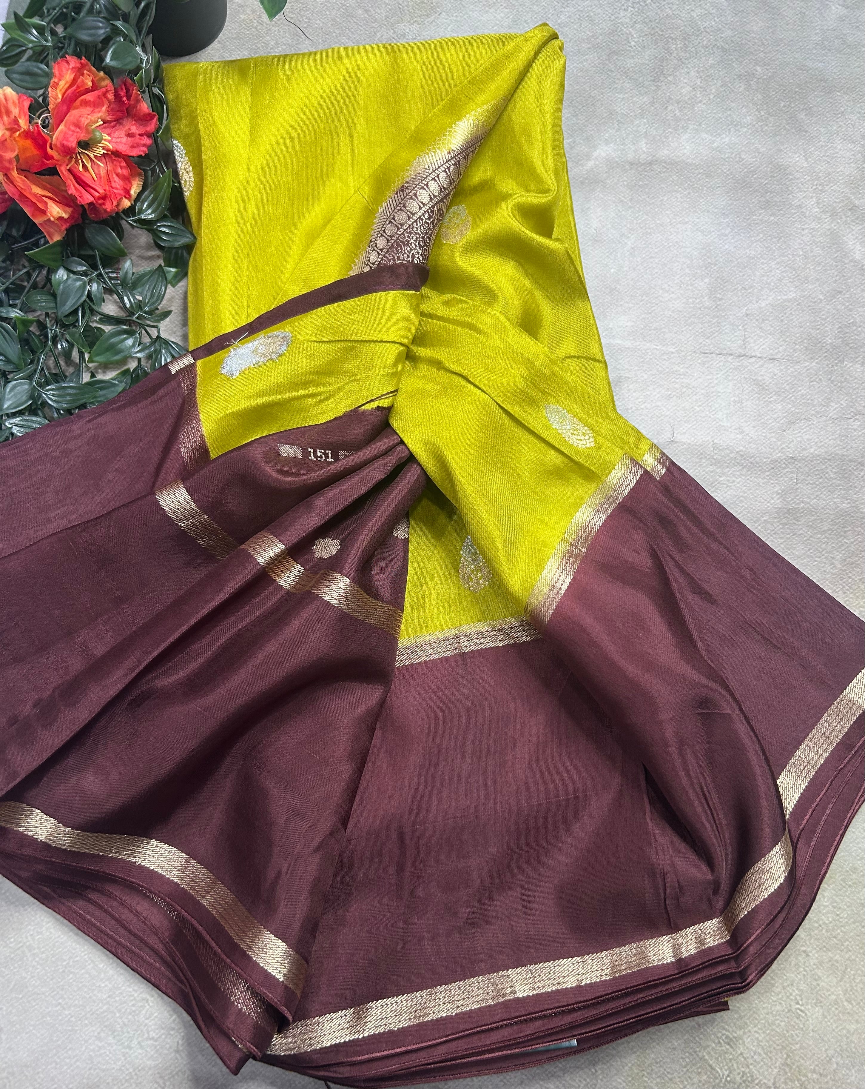 Olive yellow bentex border semi Mysore crepe 106 saree