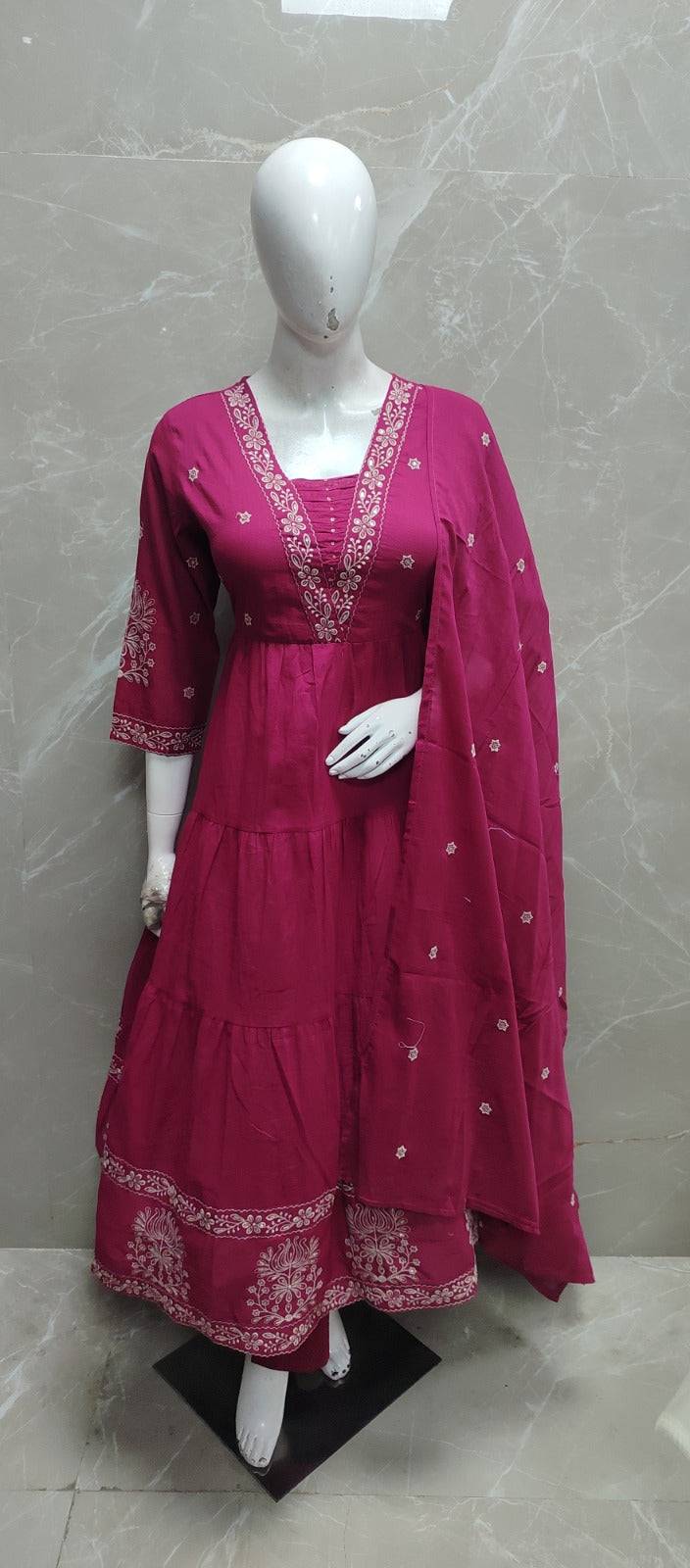 Pink Cotton Thread Embroiedry Anarkali  Kurtha