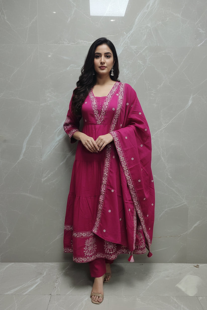 Pink Cotton Thread Embroiedry Anarkali  Kurtha