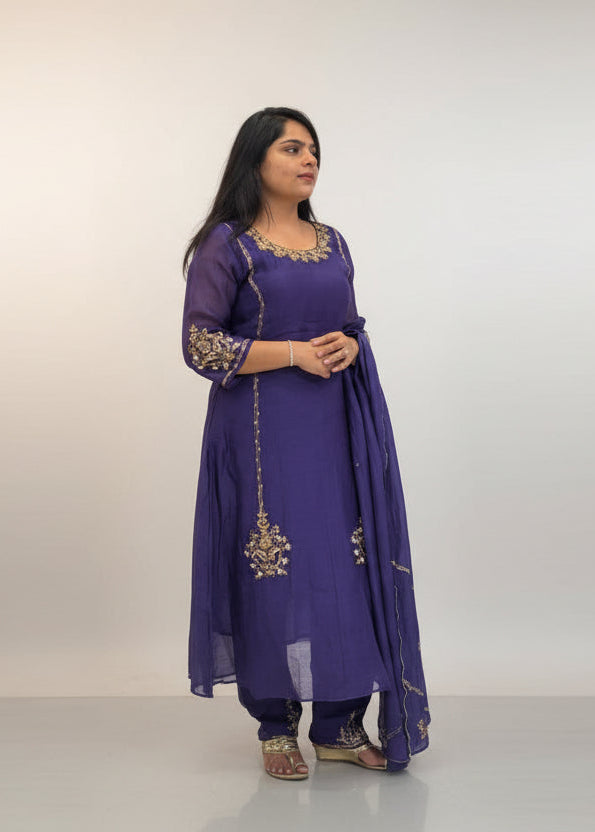 Purple Mul Chanderi Hand Embroidery A Line Kurtha 686