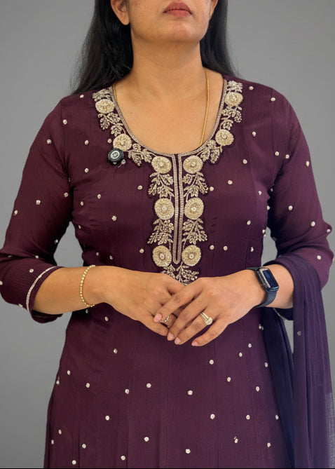 Dark Purple Anarkali Chinnon Hand Embroidery Kurtha 567