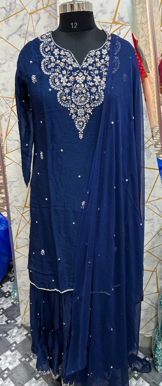 "PARI" Newy Blue  Blue Designer Kurtha Set with Handwork and Palzoo Pant