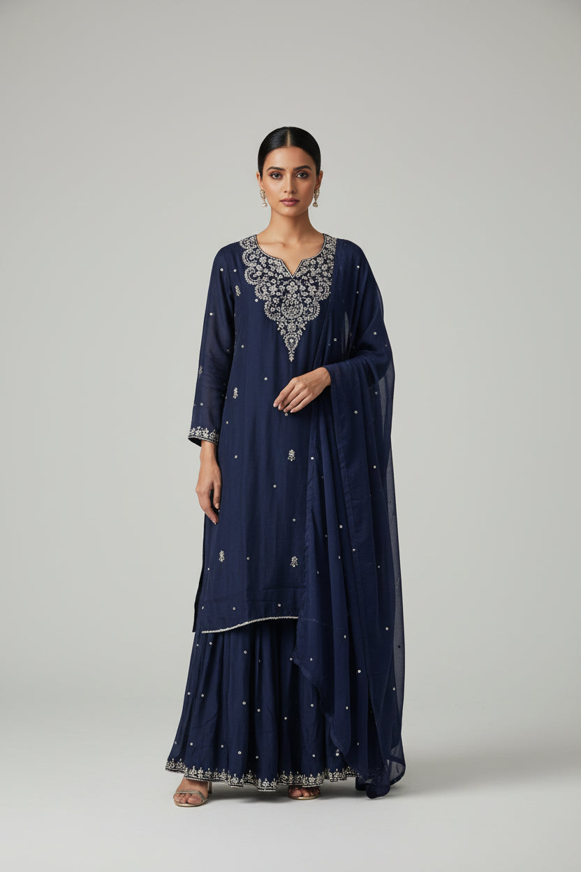 "PARI" Newy Blue  Blue Designer Kurtha Set with Handwork and Palzoo Pant