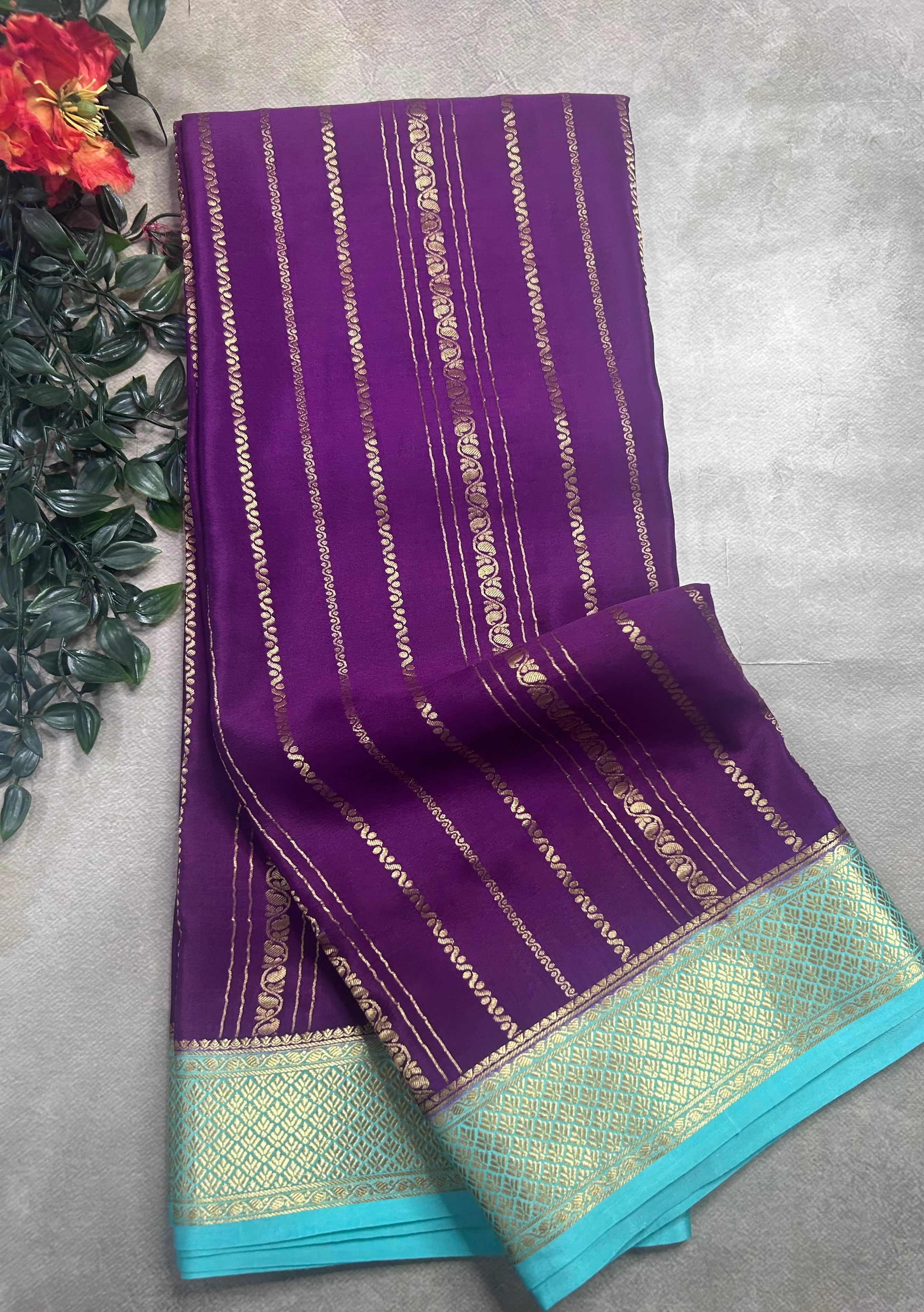 Dark purple stripes pure mysore crepe silk saree (SMS106)