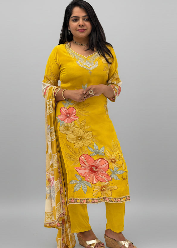 Yellow Digital Print Handwork Crepe Kurtha 533