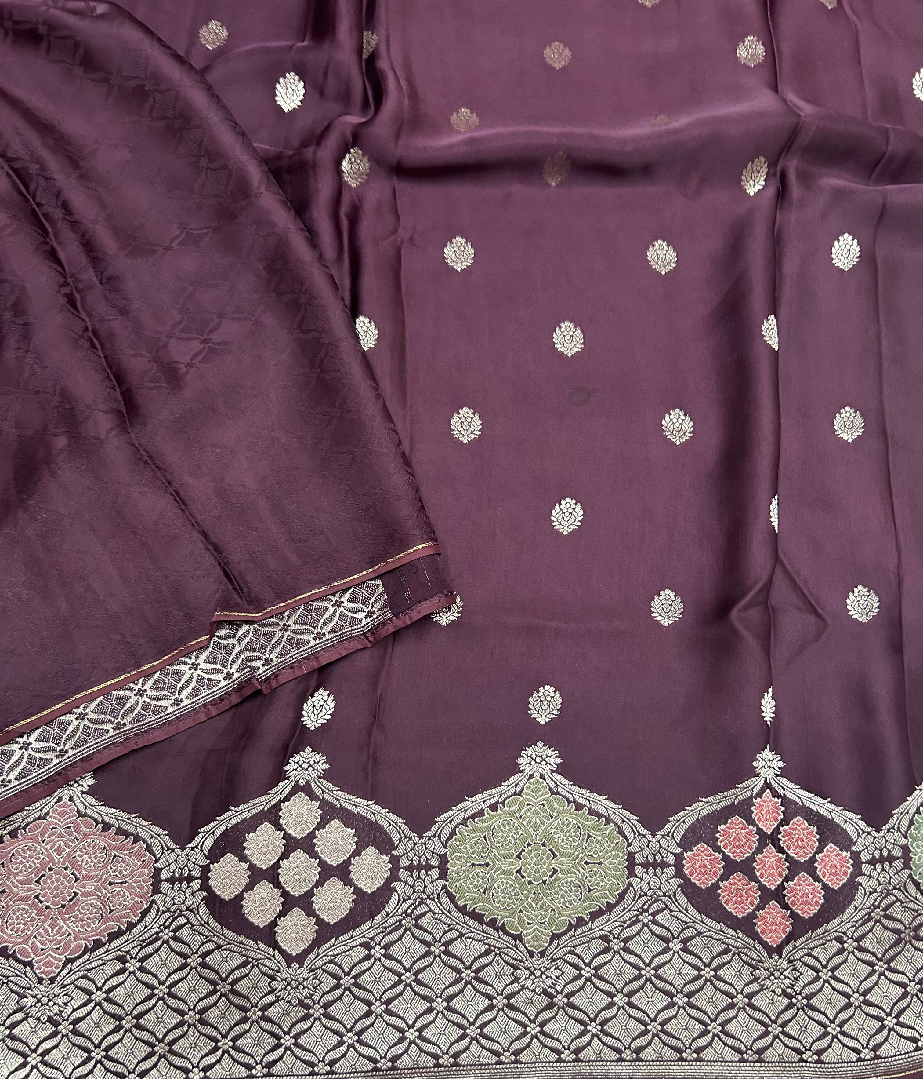 Dark brown Meena work border satin crêpe saree