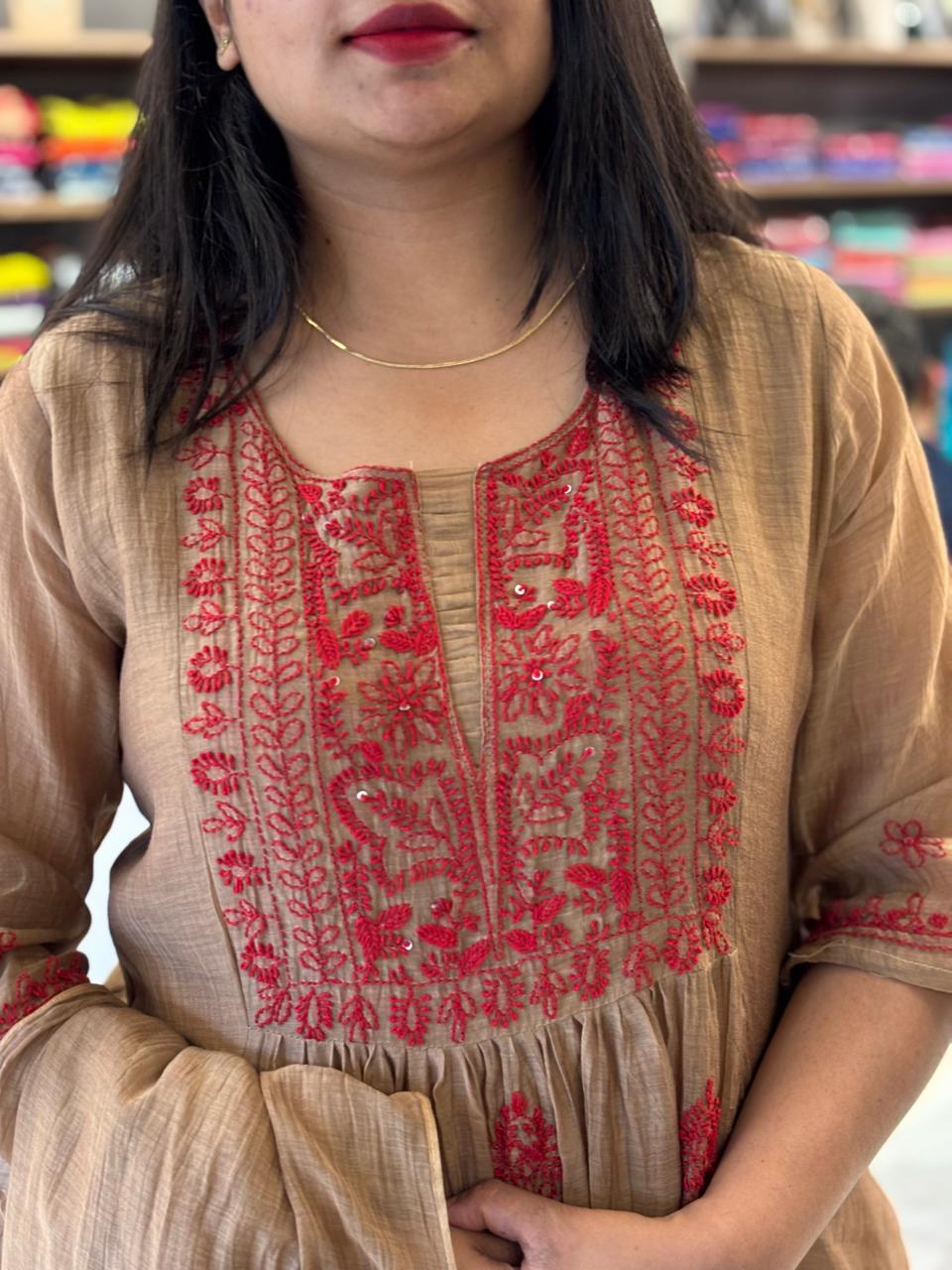 Light Brown Mul Chanderi Hand Embroidery Airline Kurtha 935