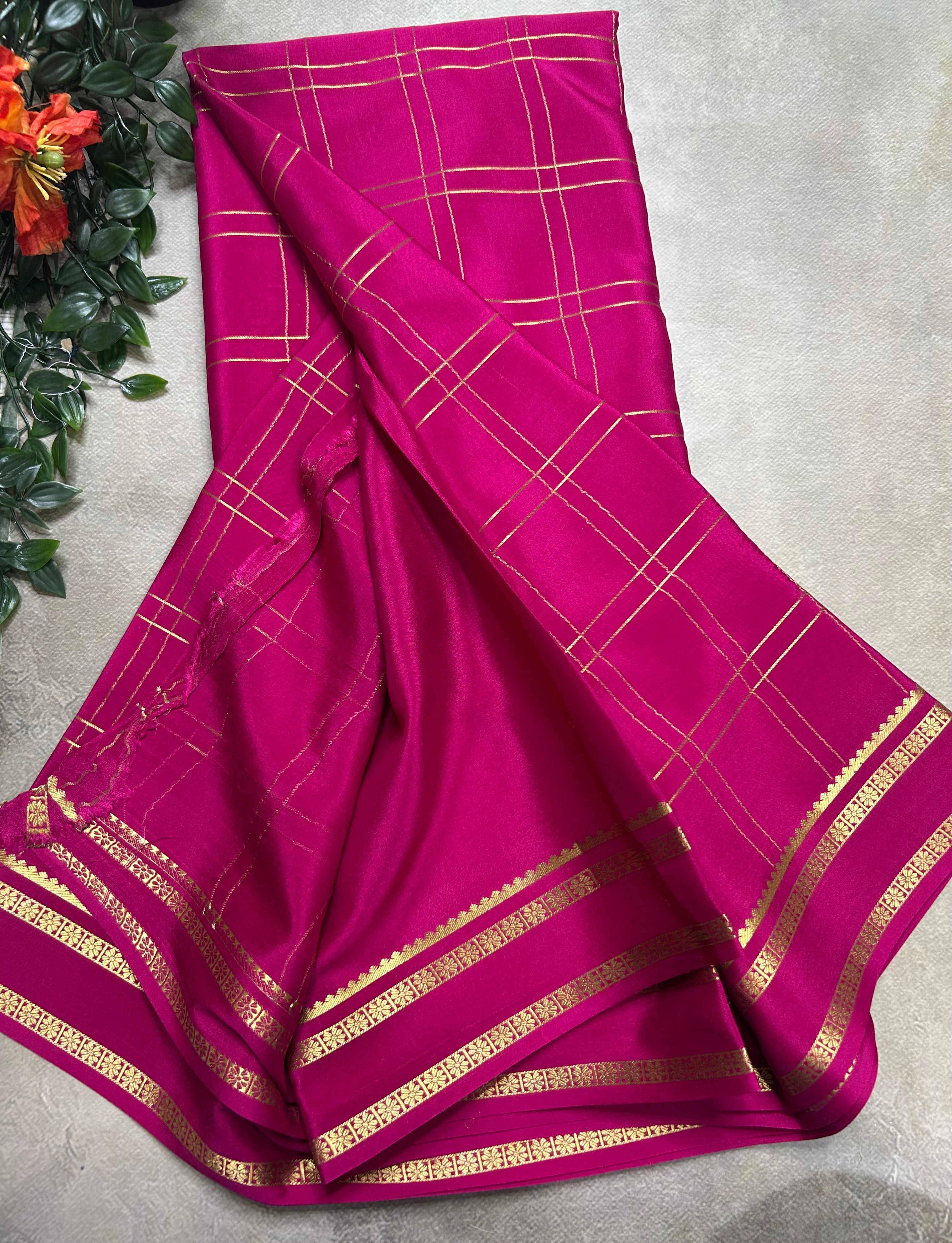 Rani pink big checks n Bentex border pure Mysore silk 106 saree