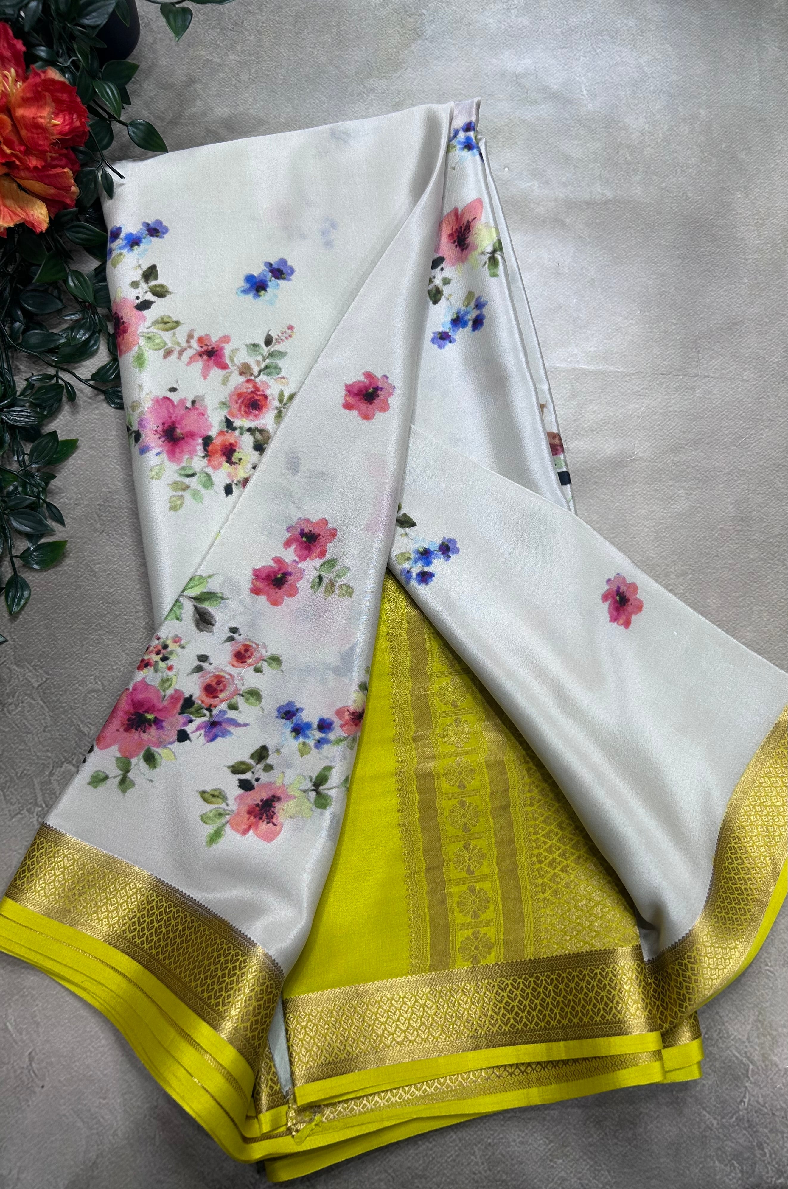 Light grey digital print pure mysore silk saree(DMS106)