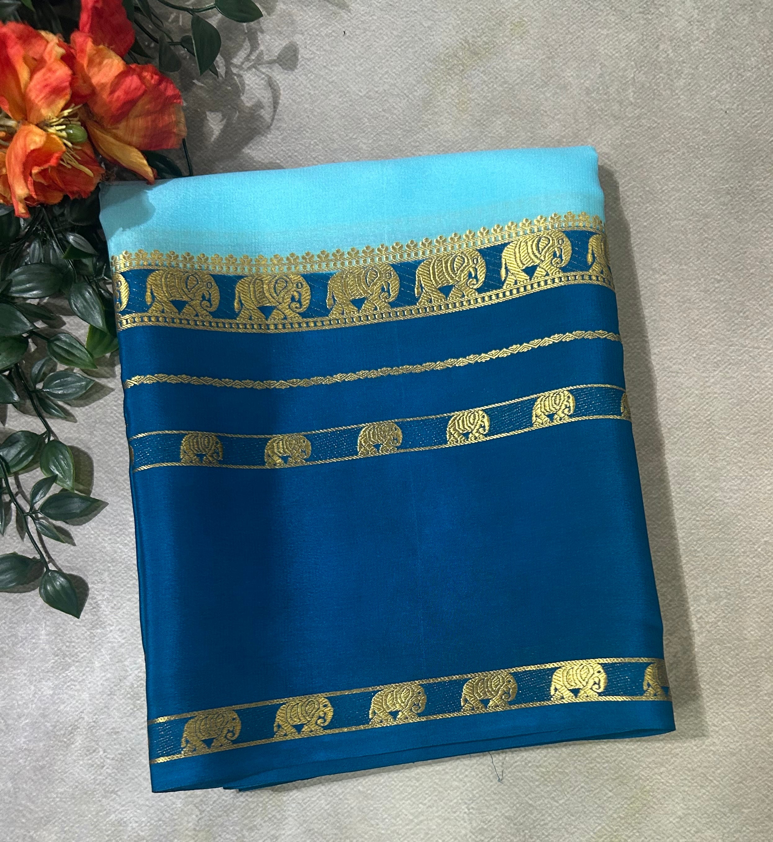 Aqua blue bentex border pure Mysore silk 104 saree