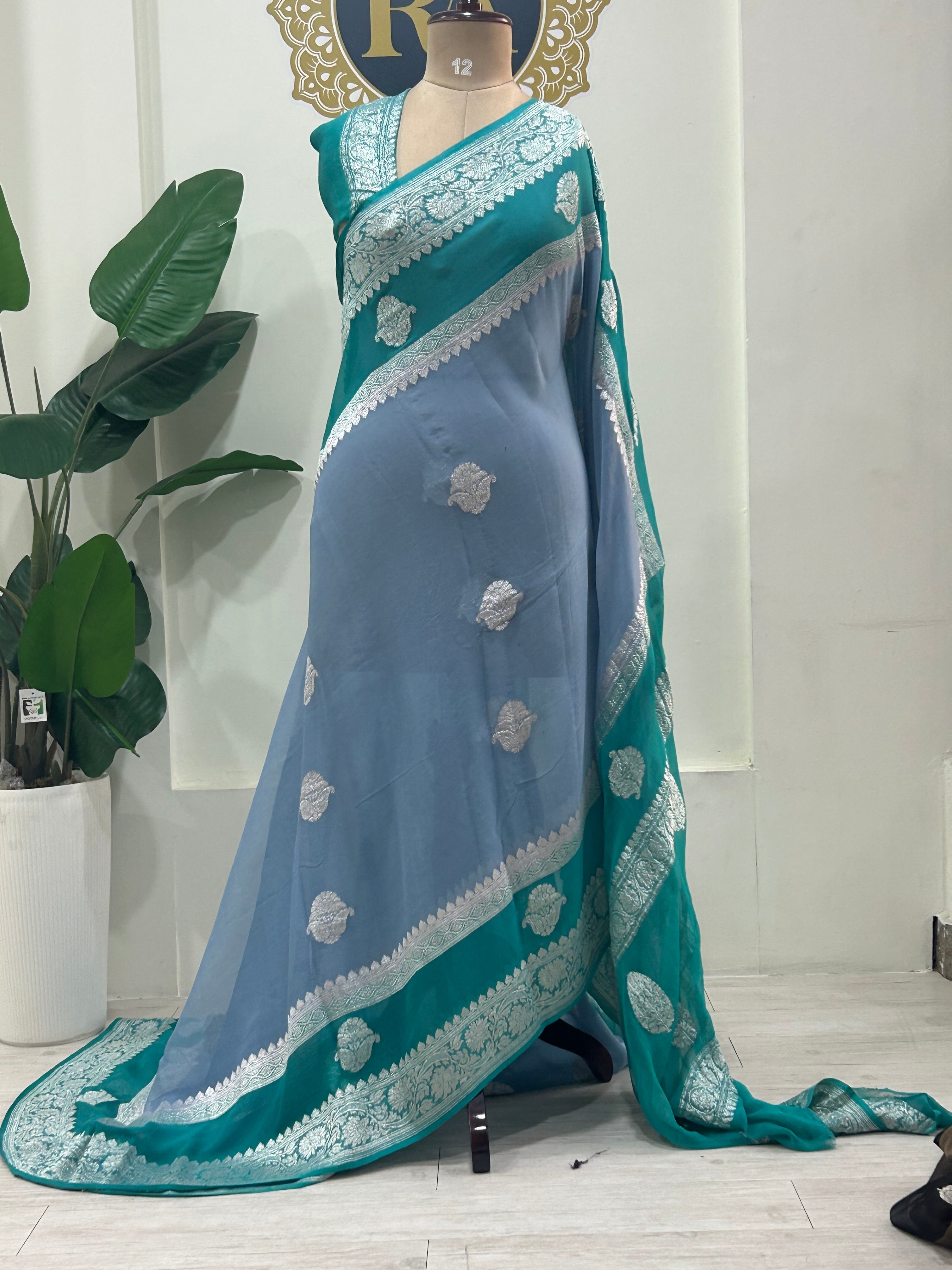 Grey n Rama green benarasi double border pure chiffon saree