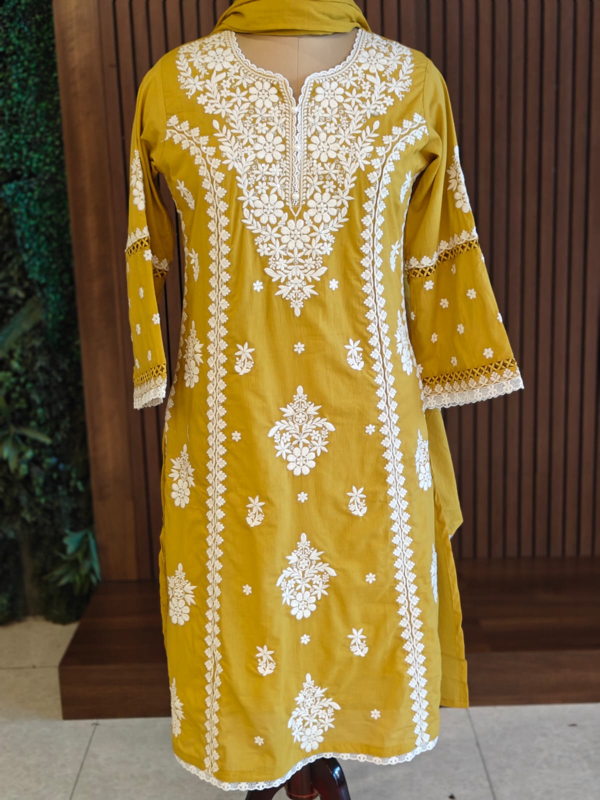 Yellow Mul Cotton  Chikankari Work Straight Fit Kurtha 196
