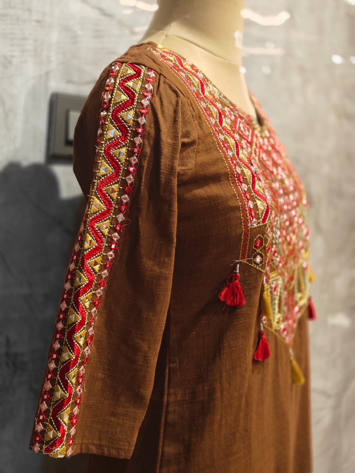 Brown Cotton Thread Embroidery Straight Fit Kurtha
