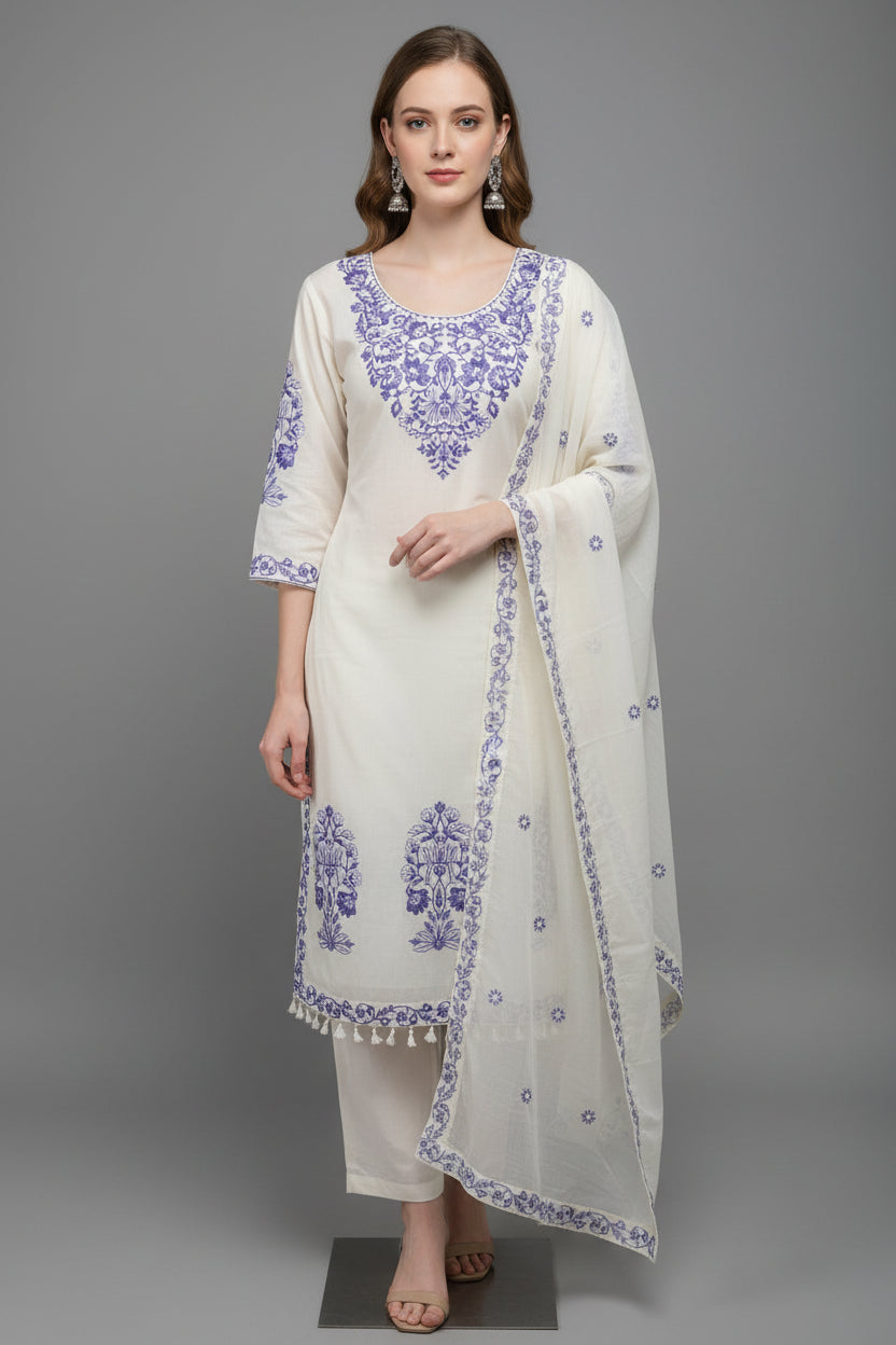 White Cotton Thread Embroidery Work Straight Fit Kurtha 482