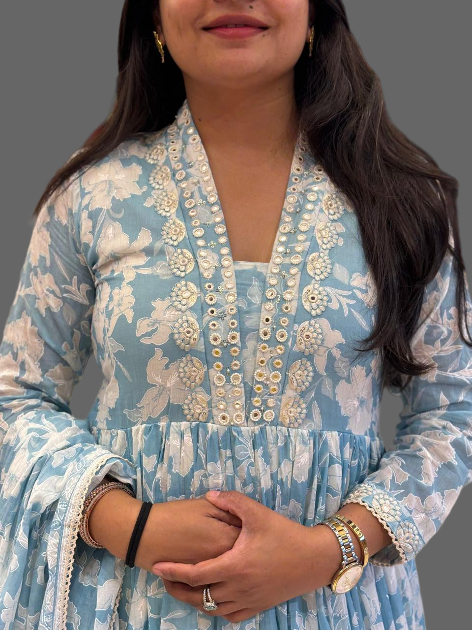 “Naya” Sky blue Mul Cotton 3pcs Kurtha suit with block prints and embroidery 242