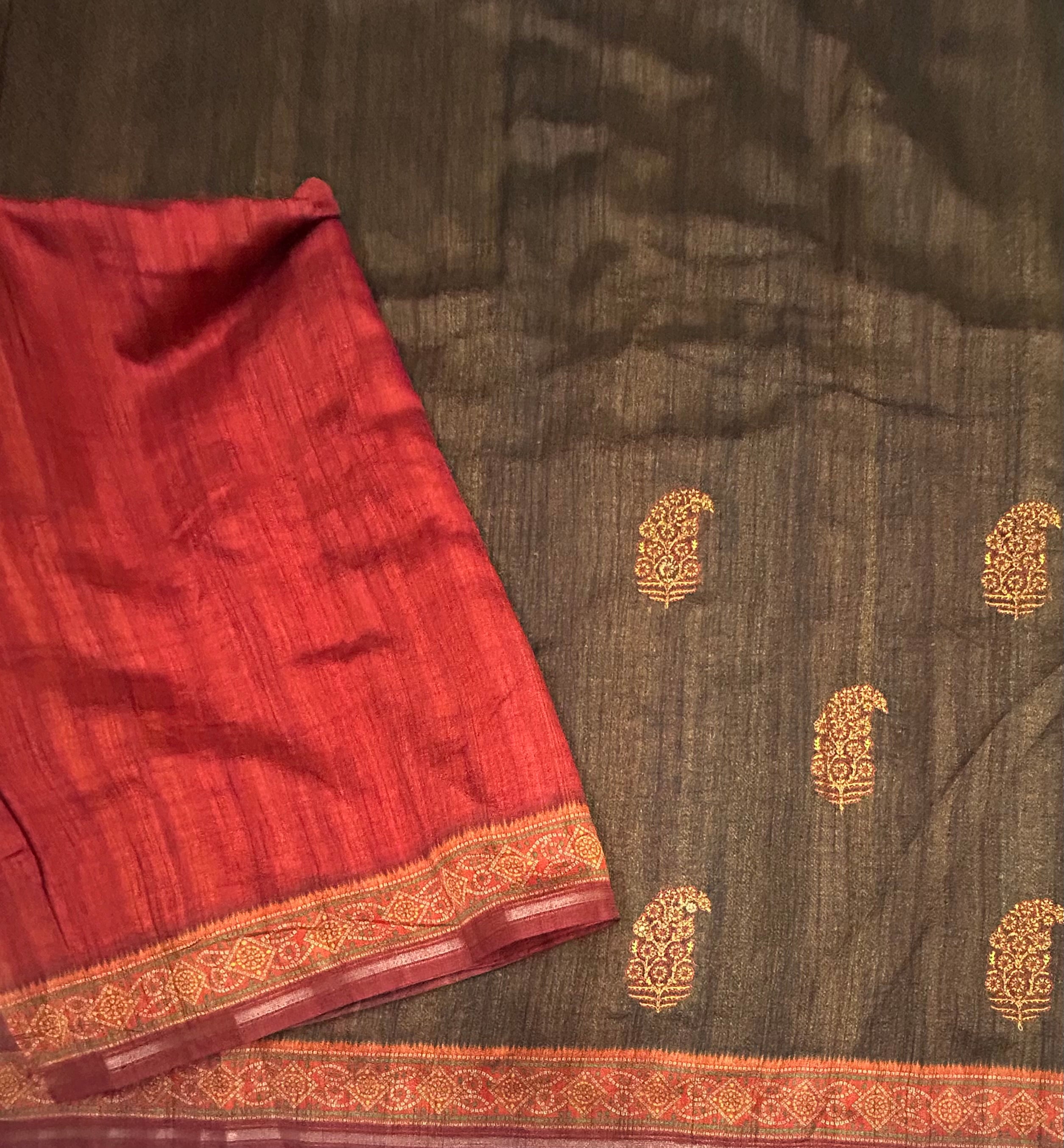 Dark olive green small border semi silk saree