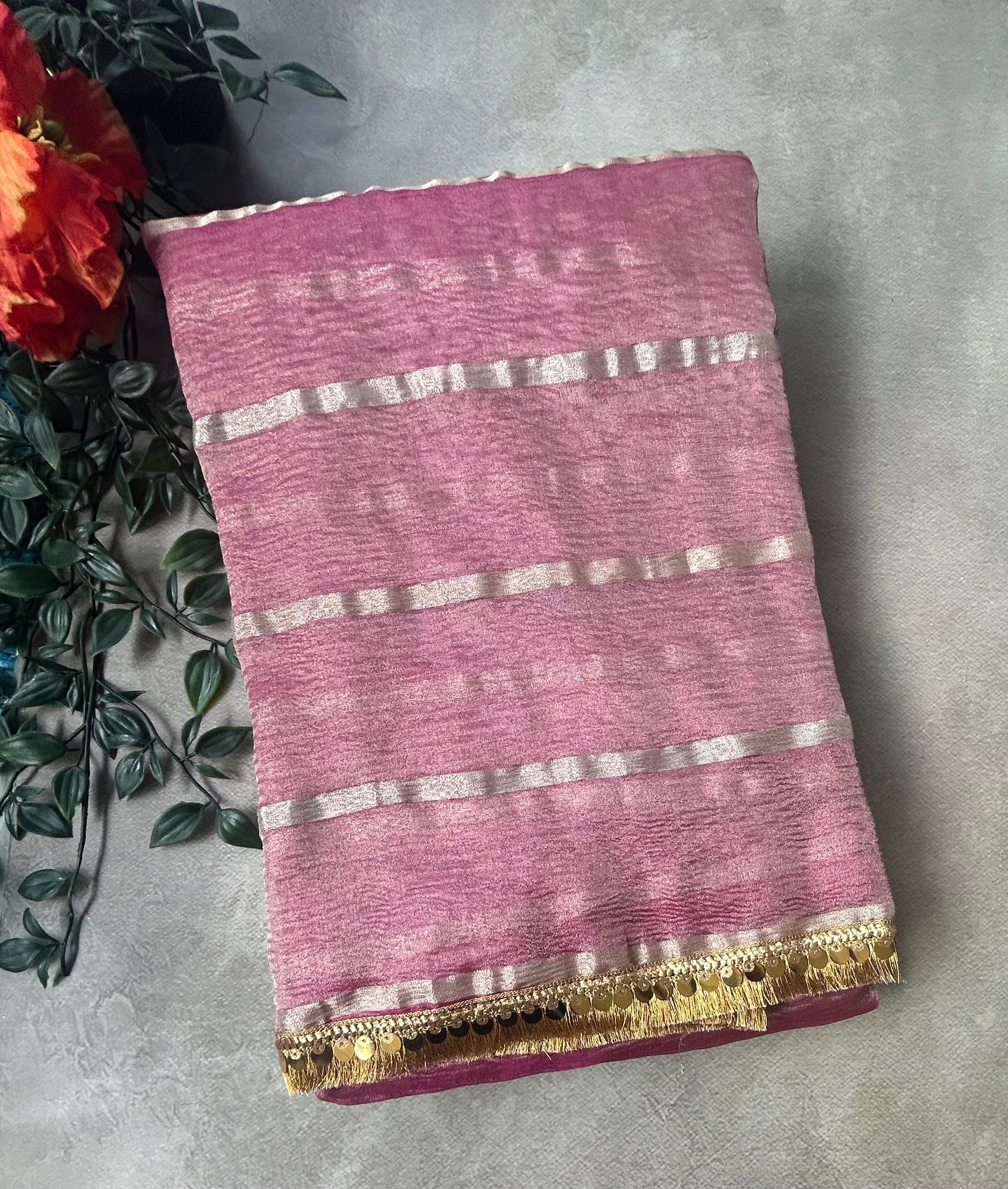 Pastel pink small border semi tissue saree