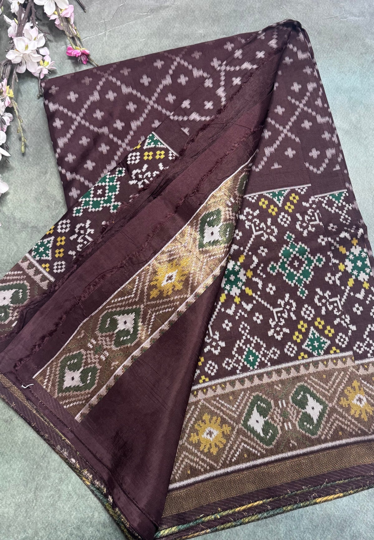 Dark brown small border semi patola saree 111