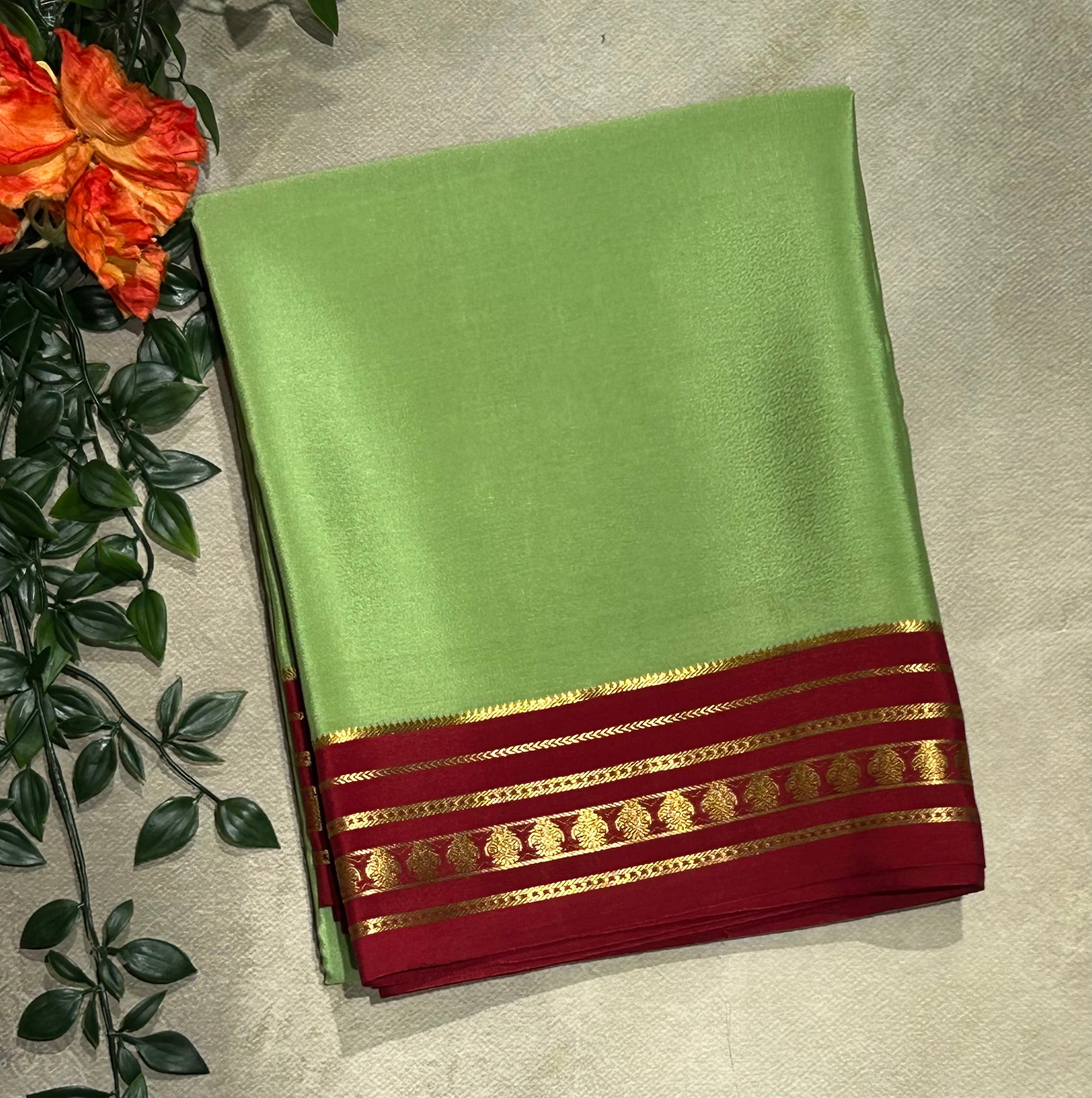 Pastel green stripes border pure Mysore silk-103 saree