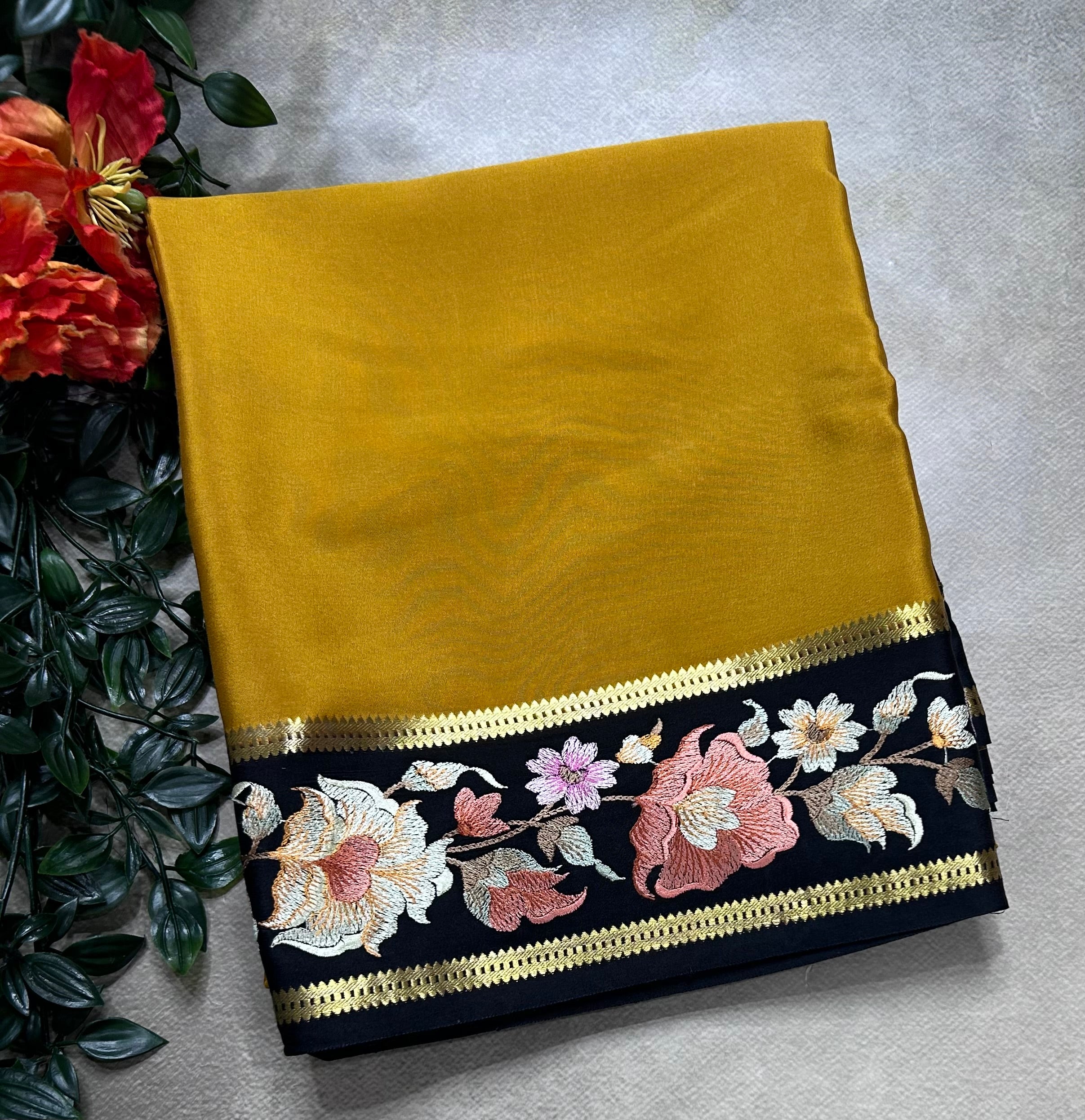 Dark mustard Yellow embroidery border pure mysore silk saree(YMS106)