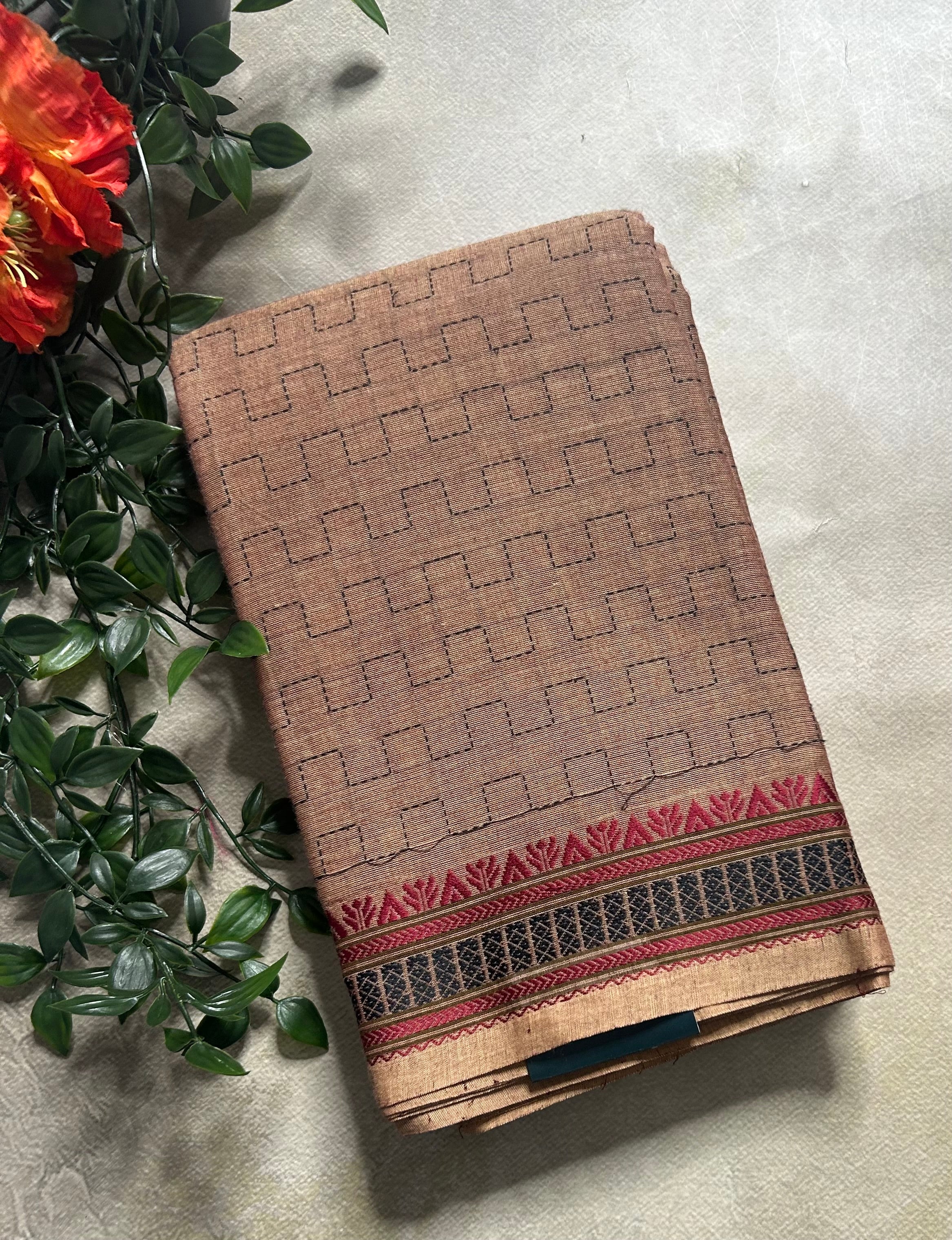 Light brown Kanchi border pure cotton 103 saree