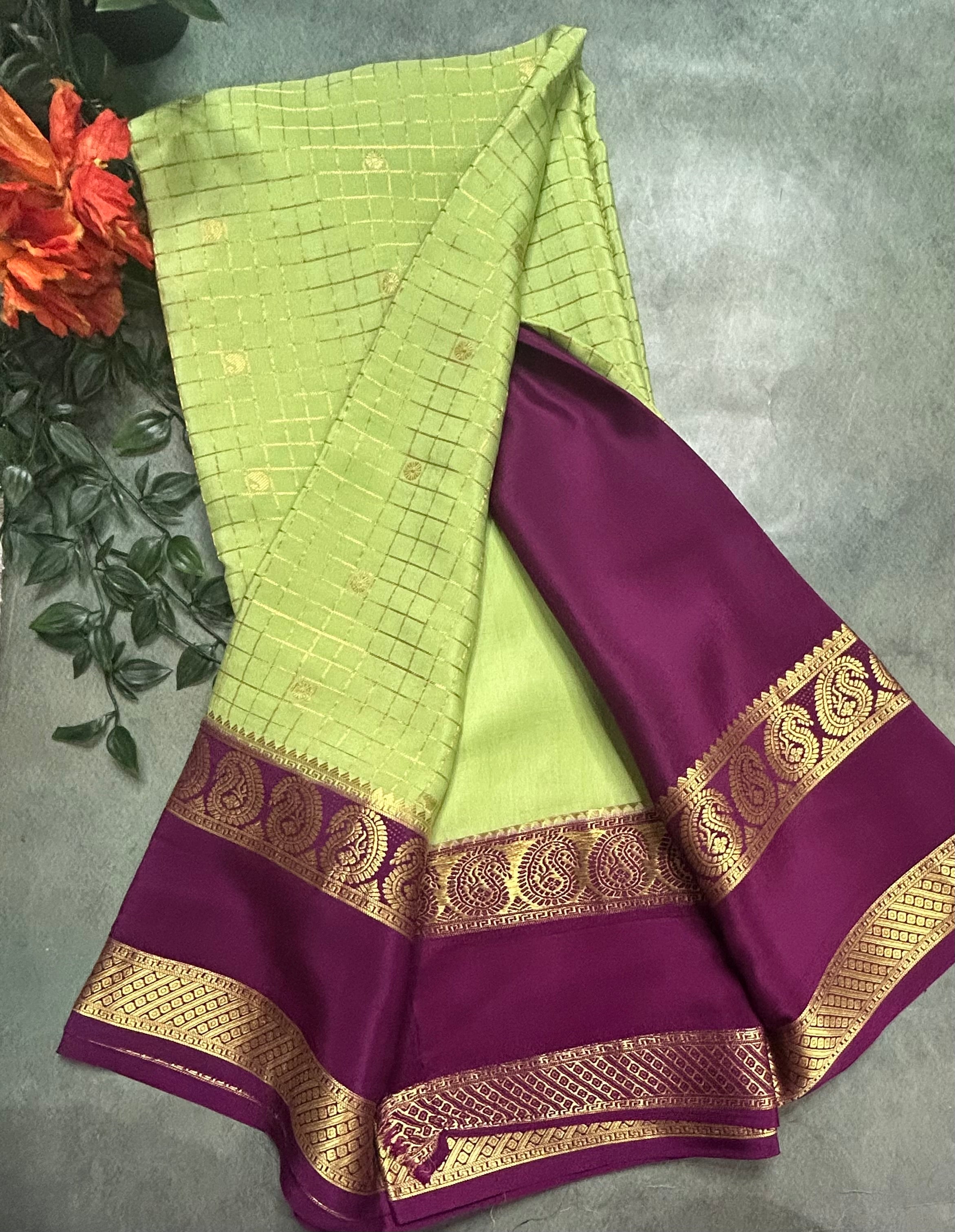 Pista green small checks pure Mysore silk 105 saree