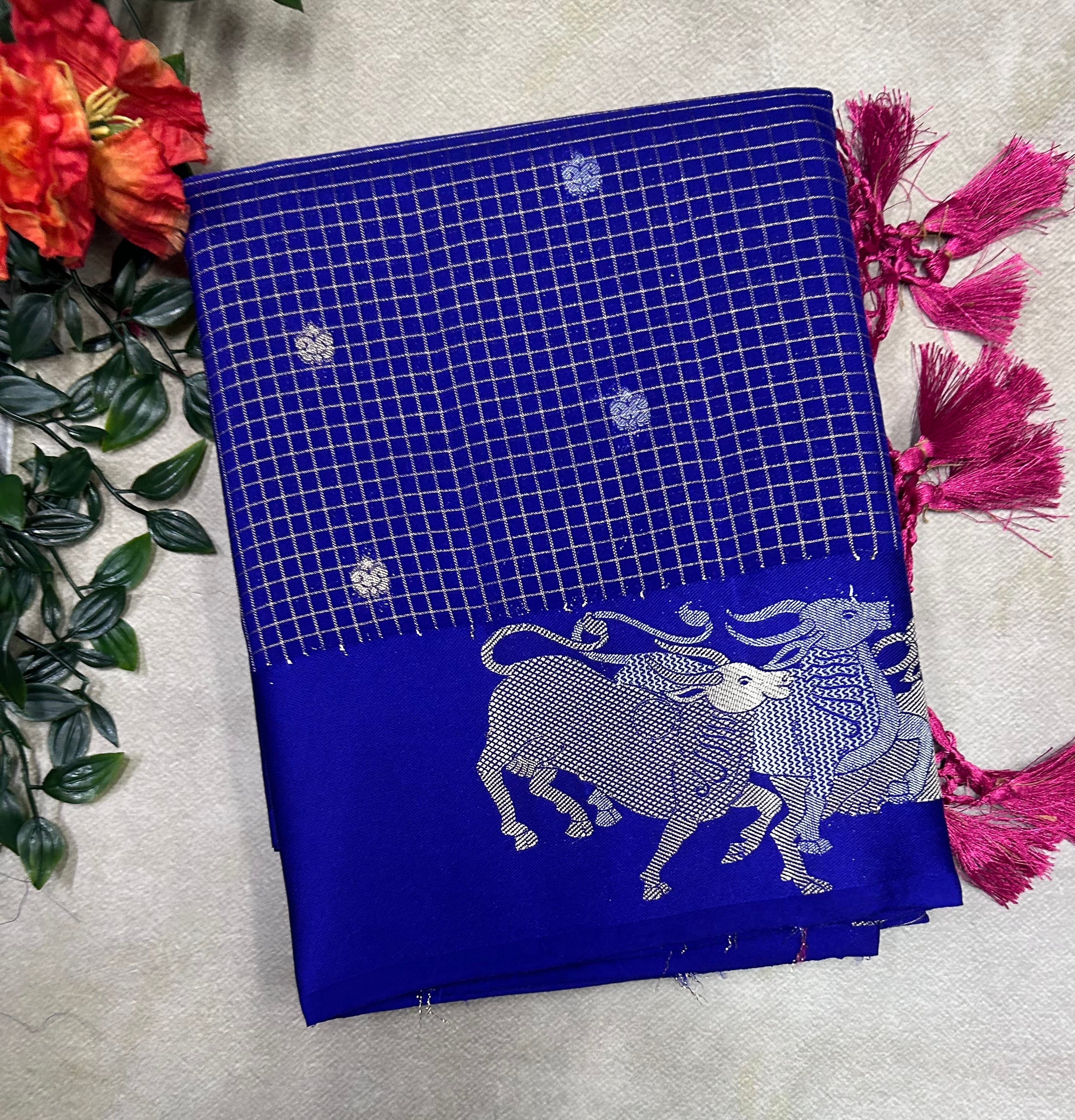 Royal blue small checks semi Mysore crepe saree(SMC106)