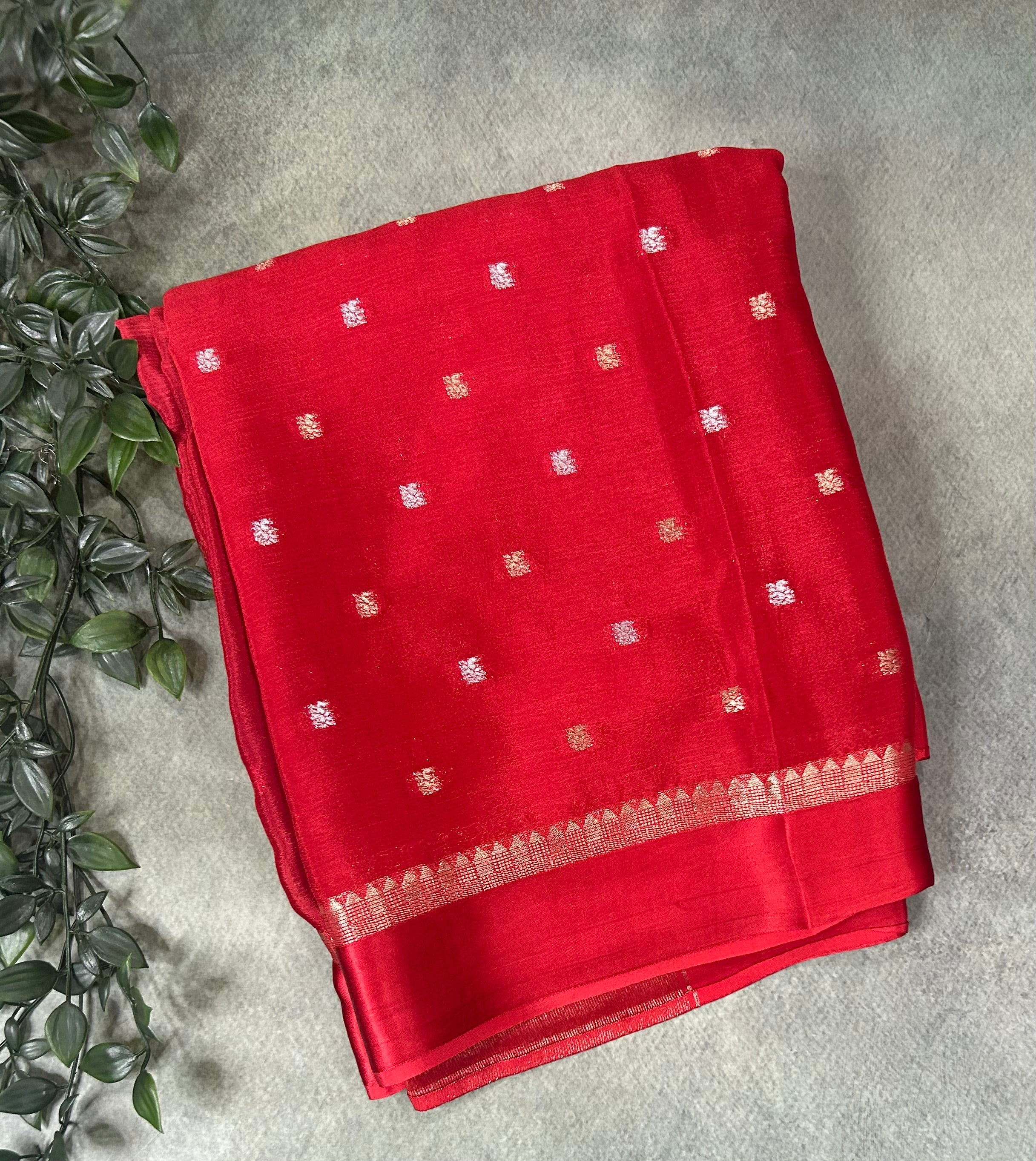 Red chinnon satin border saree